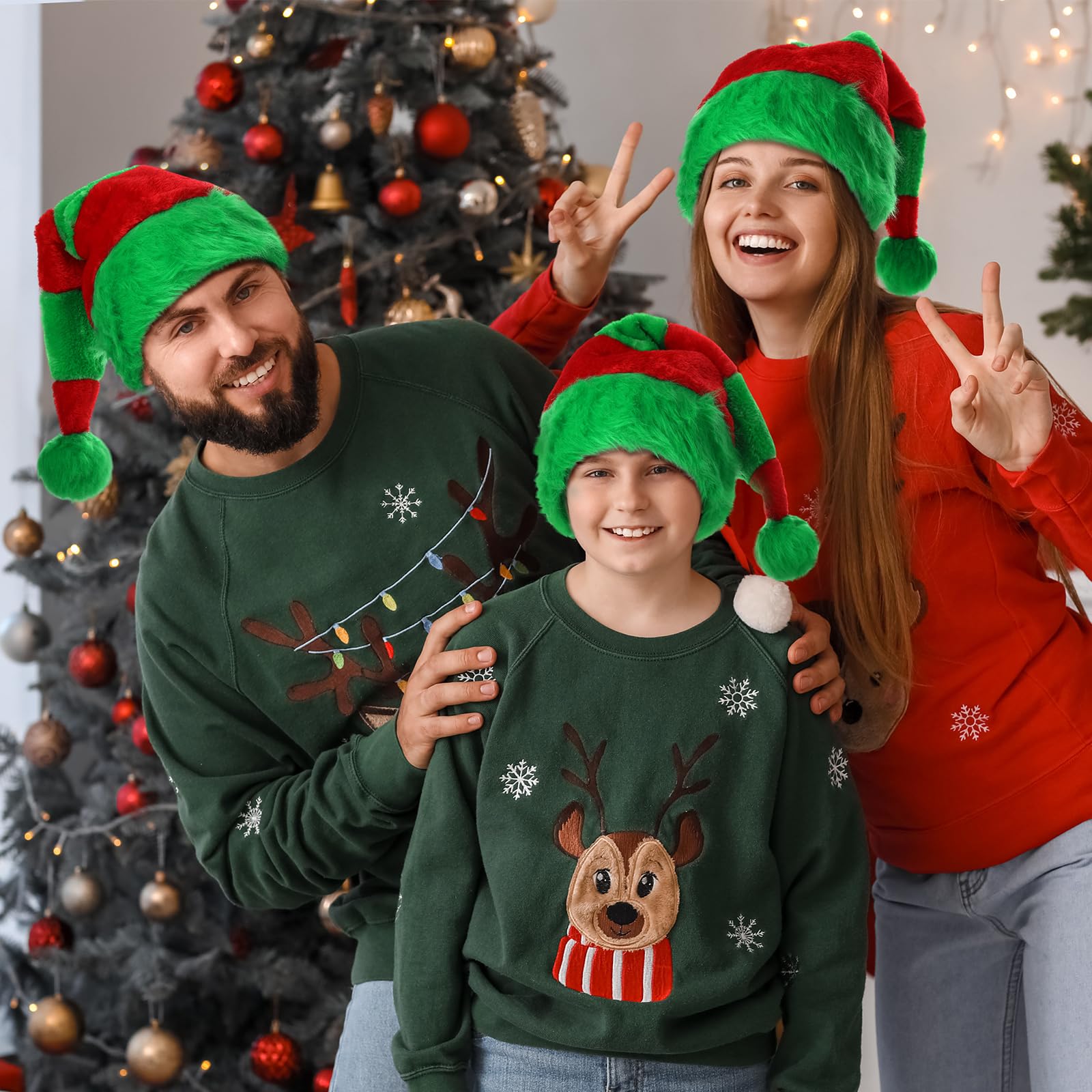 Kenning Sombrero de Papá Noel, 4 piezas, sombrero de Navidad a rayas verdes y rojas, sombrero de Papá Noel de felpa de Papá Noel, sombrero de elfo de Navidad esponjoso para mujeres y hombres