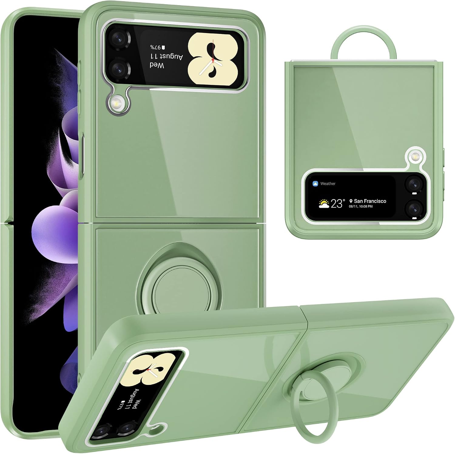 Zecko Samsung Galaxy Z Flip 3 Phone Case Luxury 9H Temper Glass TPU Protective Case with Ring Kickstand for Samsung Galaxy Z Flip 3 5G(Green)