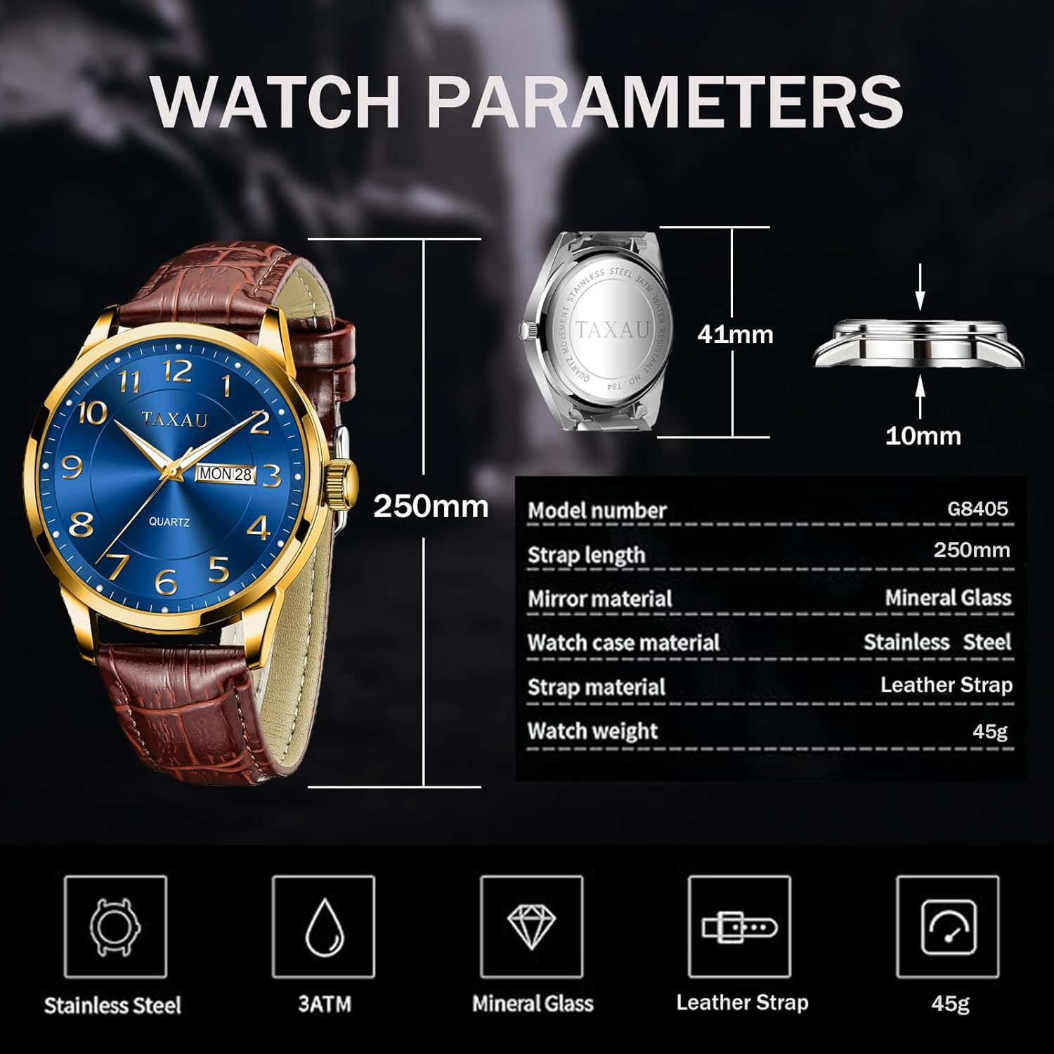 Mens Leather Watch Large Face Classic Quartz Mens Analog Watches Luxury Dress Watches for Men Waterproof Men's Wrist Watch Easy Read with Date Number Dial Relojes para Hombre - Image 4