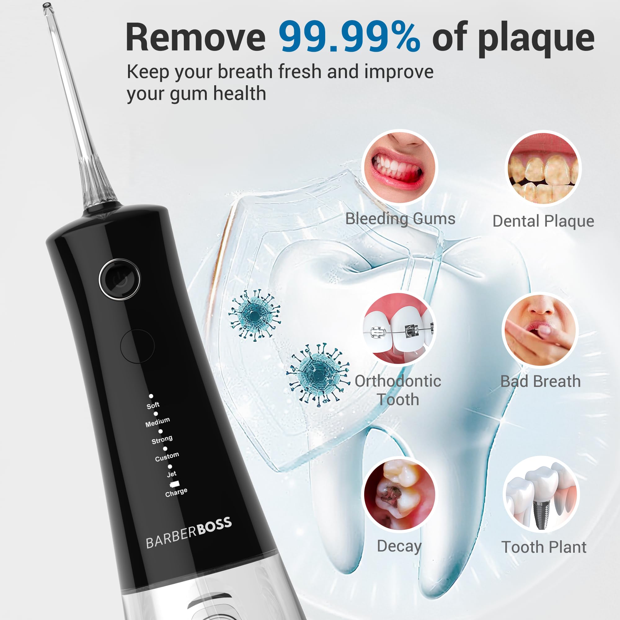 BarberBoss Hydropulseur sans fil, irrigateur buccal avec 4 embouts de jet et 5 modes de pression, nettoyeur professionnel pour dents et gencives, réservoir d'eau de 340 ml et étanchéité IPX8, QR-7105