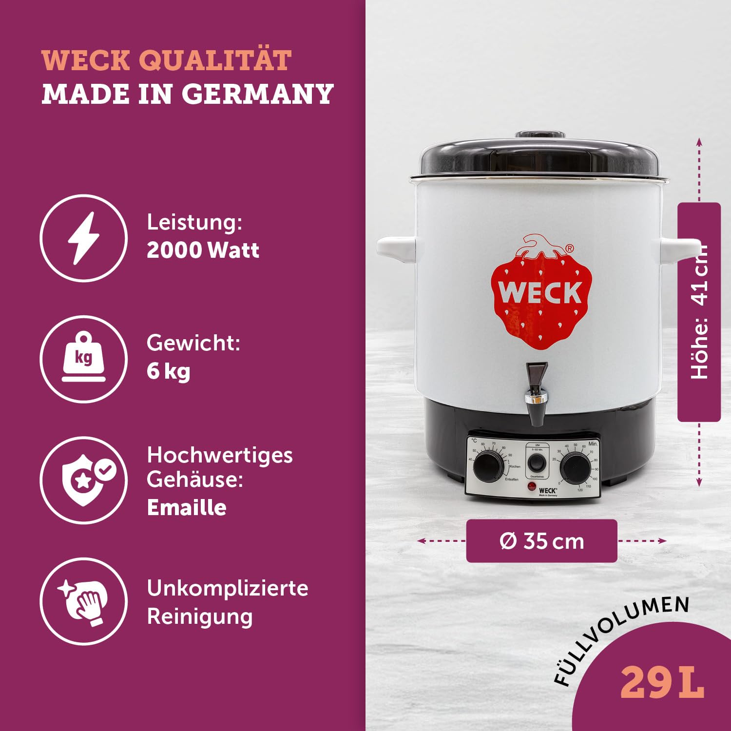 WECK Einkochautomat WAT15-A Emaille mit Präzisionsthermostat, Auslaufhahn & Zeitschaltuhr – 29L Einkochtopf, Glühweinkocher, Dampfentsafter, Einweckautomat – Made in Germany