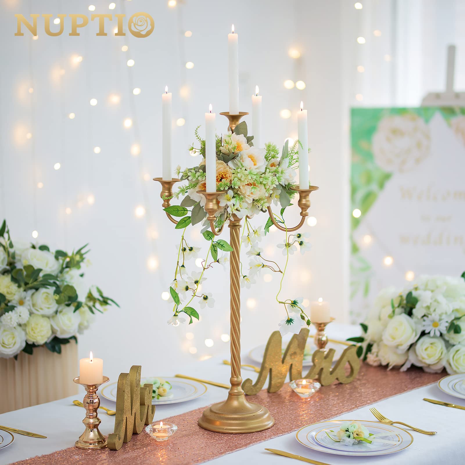 Nuptio Oro Candelabros Centros de Mesa 5 Velas: 71cm Conjunto de 2 Candelabros de Pie Titular de Alto, Metal Candelabro Titular La Vela Retro para El Hogar de La Boda Navidad Halloween Aniversario