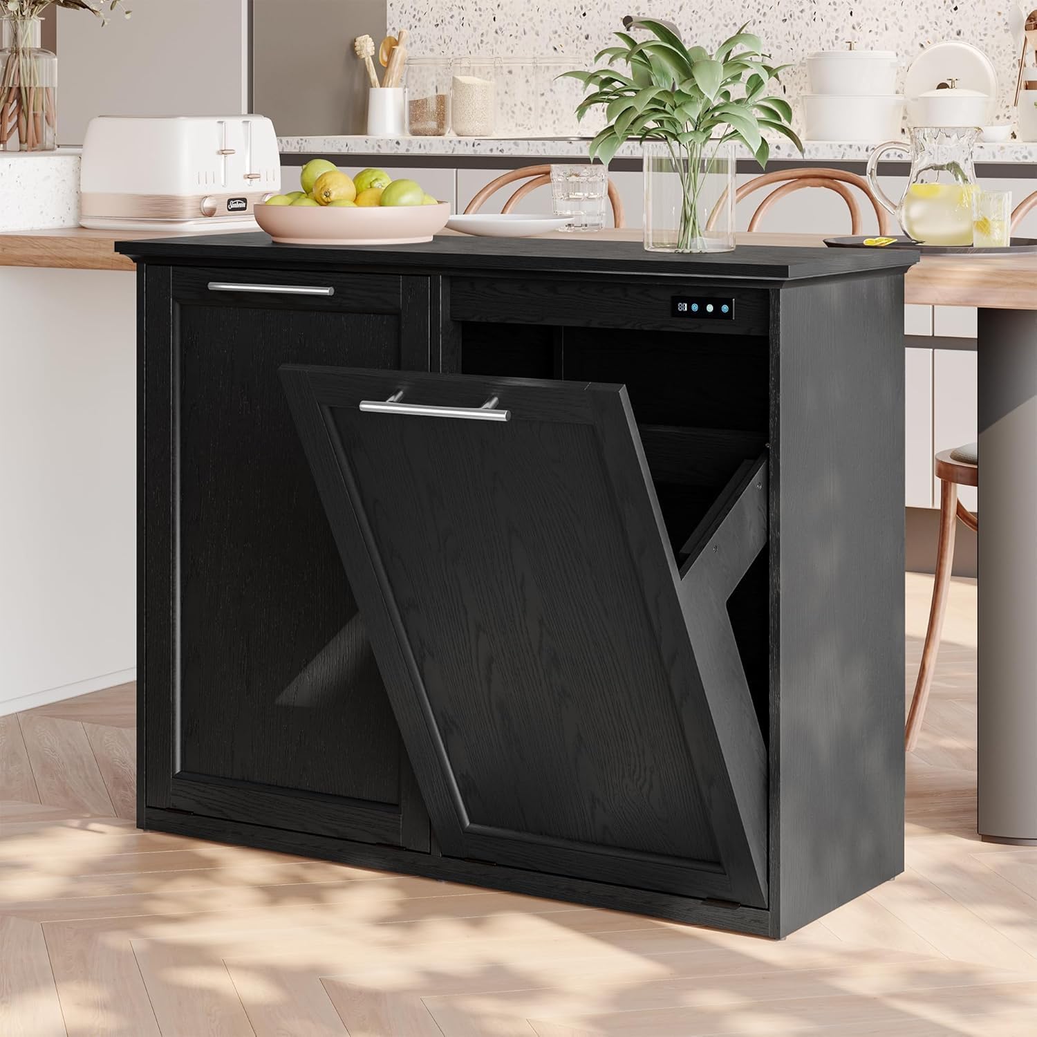 Tilt Out Trash Cabinet with Quick Installation and Deodorising Function, Wooden Trash Kichen Holds Up to 2x13 Gallons Bins, Freestanding Trash Can, Black
