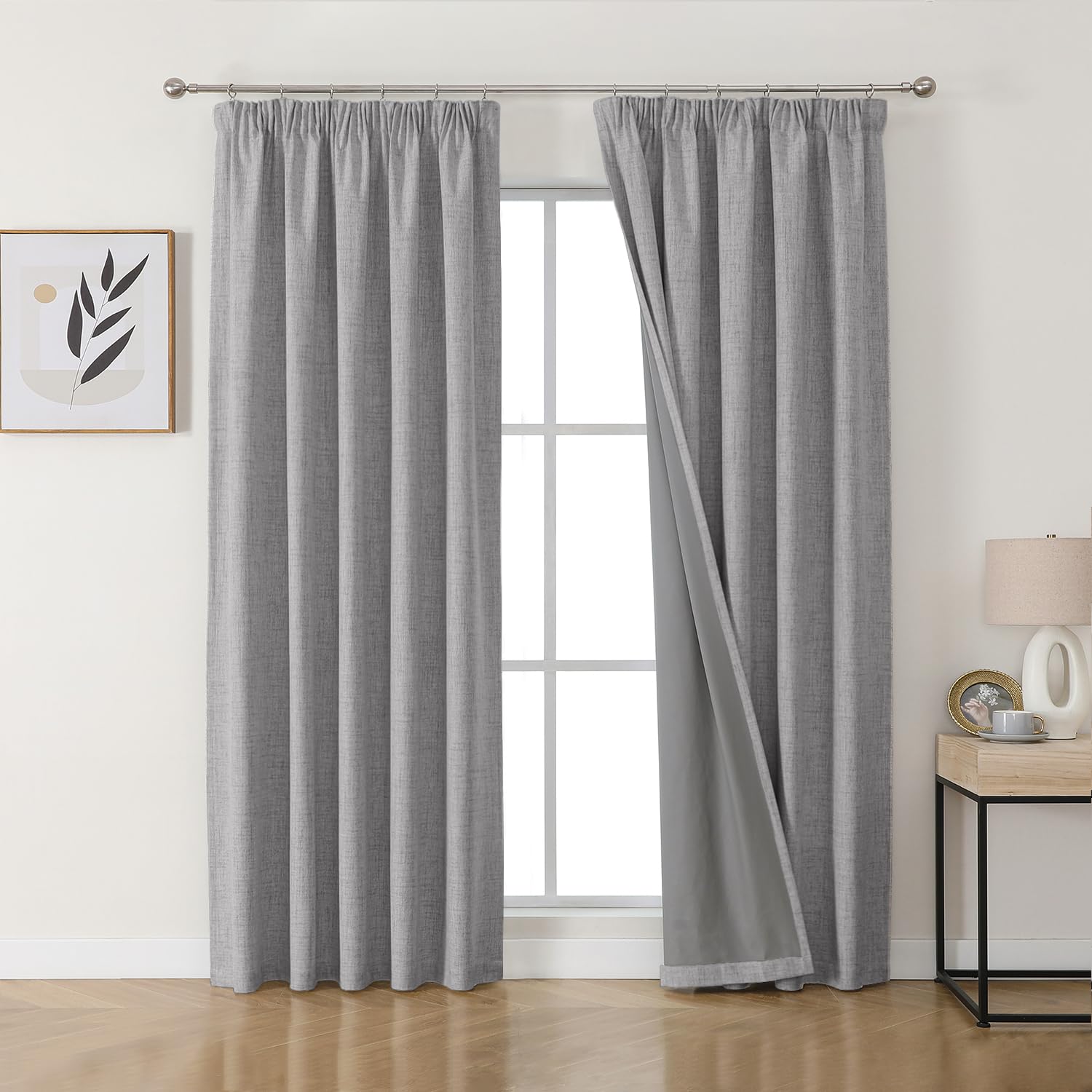 Joydeco 100% Blackout Curtains Bedroom 55 x 88 Inch Drop, Faux Linen Pencil Pleat Thermal Insulated Drapes with Coating Back Layers for Room Darkening Privacy Protection, 2 Panels, Light Grey