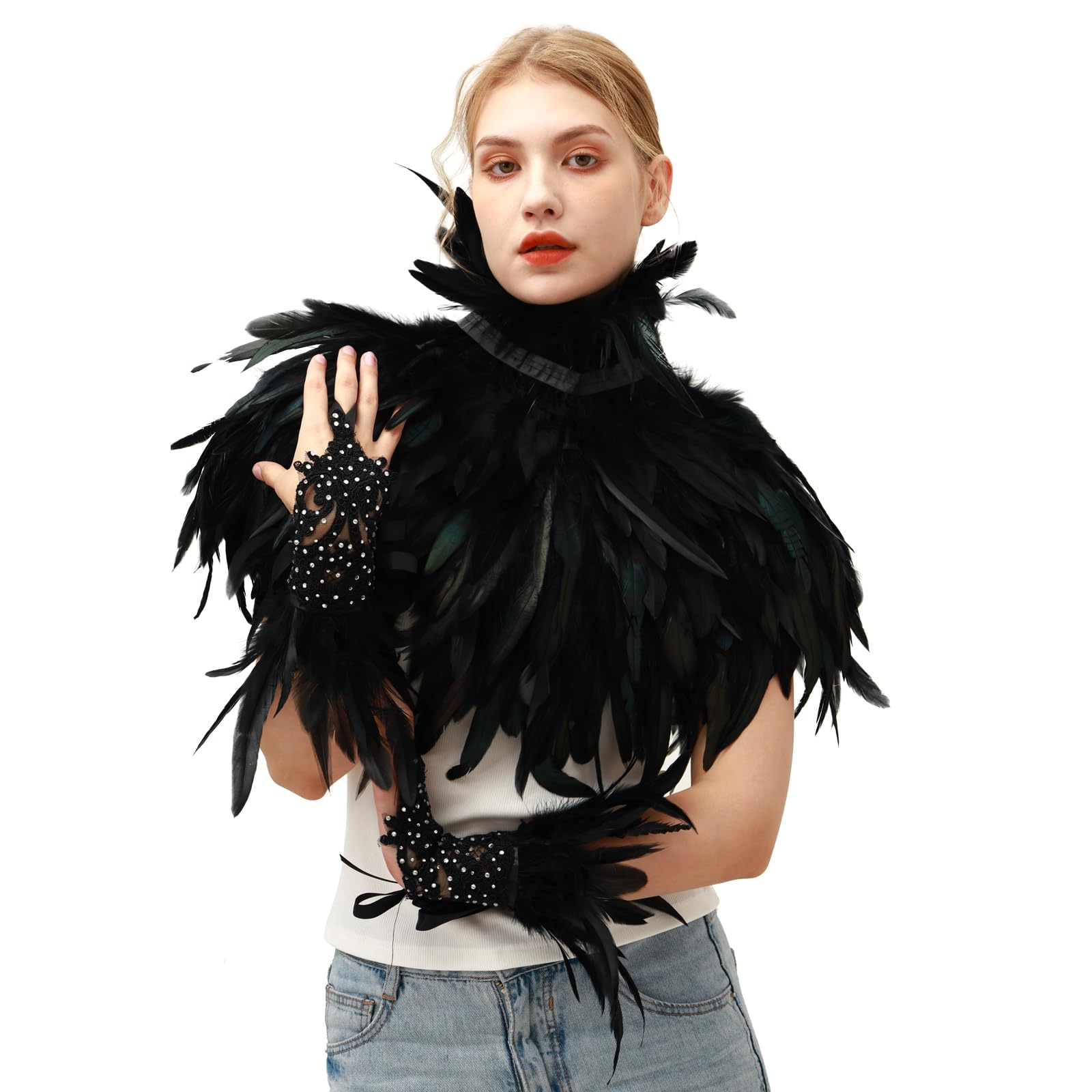 Gothic Punk Natural Feather Capes and Bling Bling Gloves Set Vintage Glam for Woman Halloween Carnival Celebrations Costume