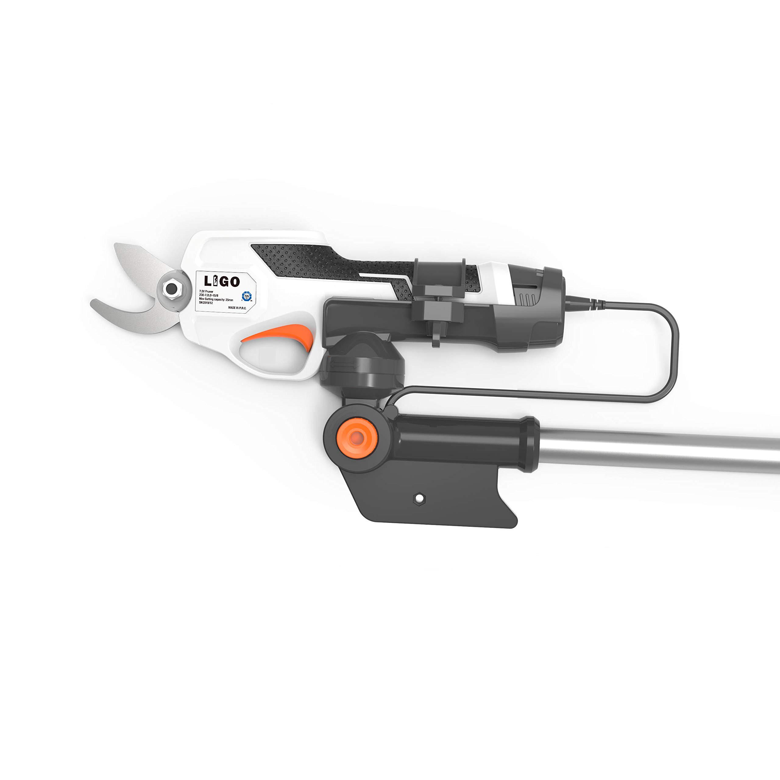 LIGO - Tijeras de podar eléctricas sin cable, con batería recargable, vara telescópica y mango extensible para ramas de HASTA 25 mm de diámetro