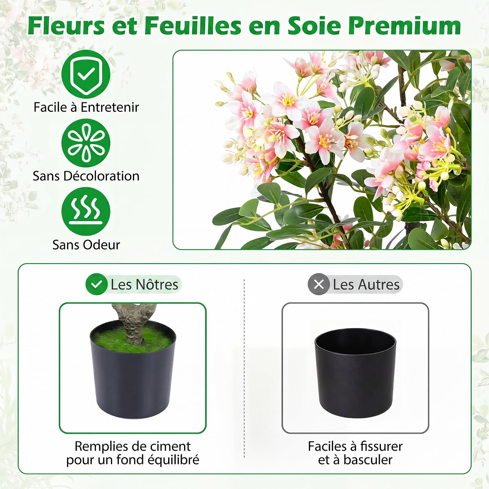 COSTWAY Lot de 2 Arbres d'Impatiente Artificiel 90 cm Pot Ciment