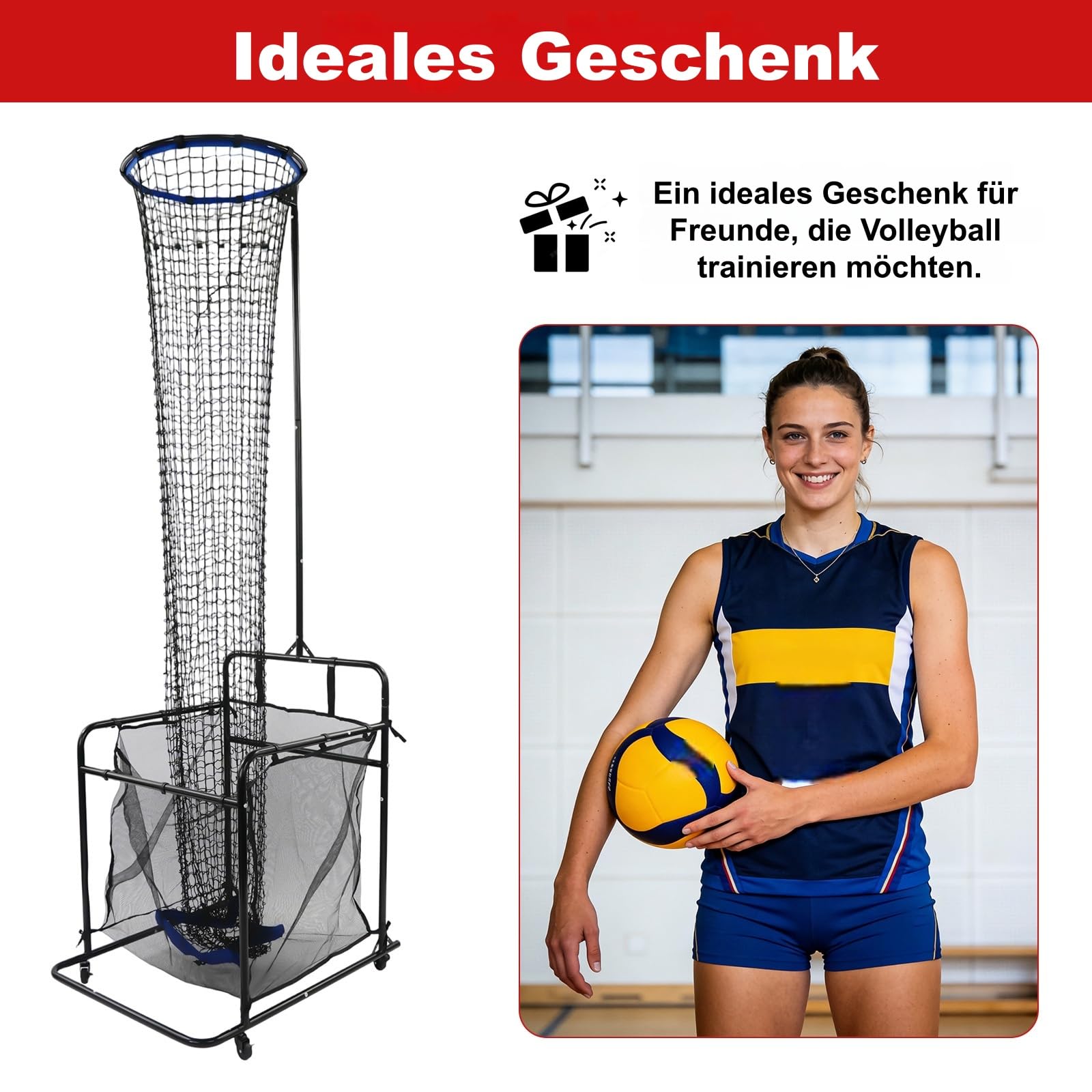 Volleyball-Setztrainer mit Rädern, Volleyball-Trainernetz Einstellbare mit 0°-90° Winkel und 1.7-3.3 m Höhe, Rebounder übungsnetz Abnehmbare mit Auffangtasche zum Schlagen, Spiken