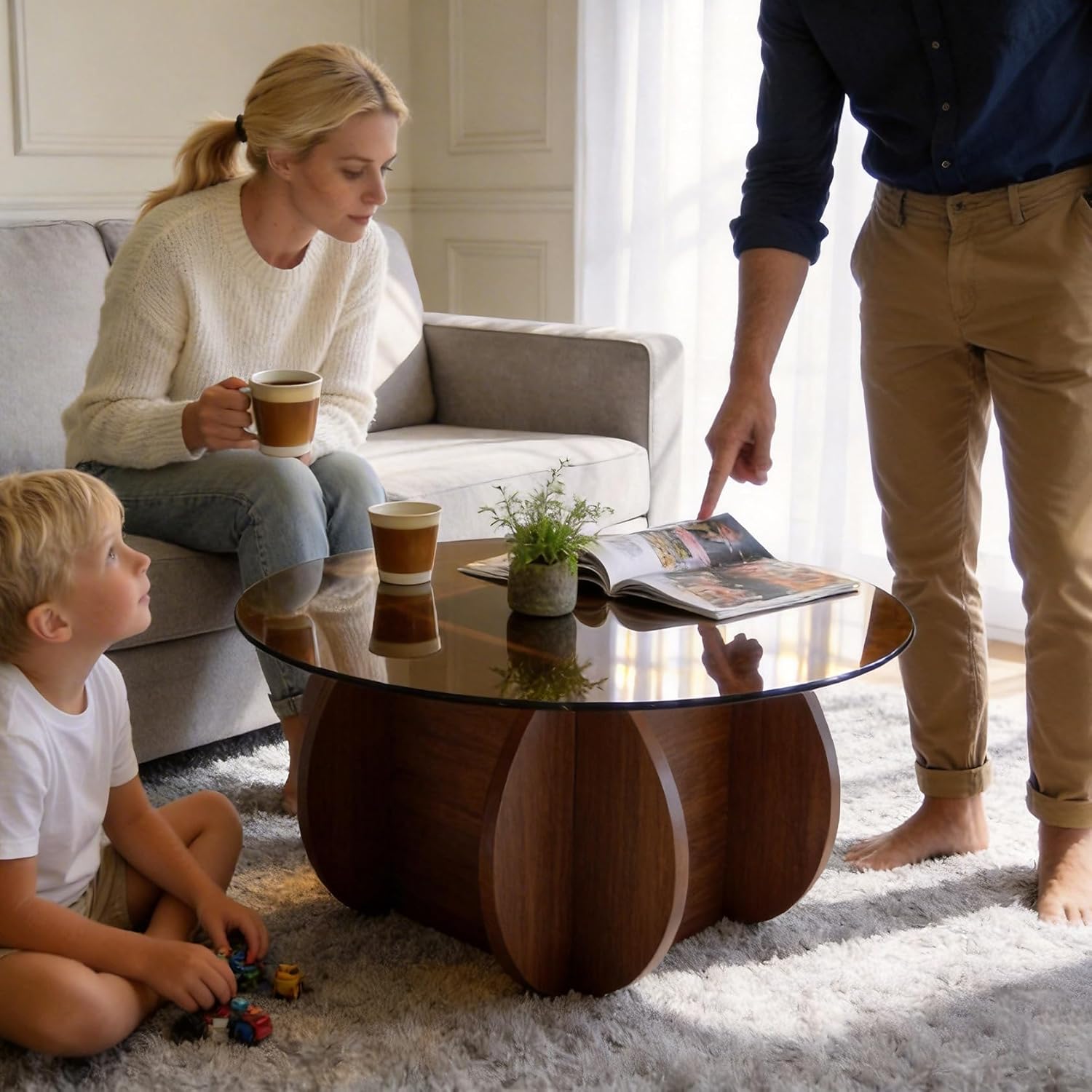 Modern Round Coffee Table with Solid Wood Legs,31.5'' Glass Coffee Tables for Living Room Rustic Circle Center Cocktail Table with Tempered Glass-Top,for Small Spaces, Unique | Modern, Living Room, Rustic, Center, Unique, Small Spaces