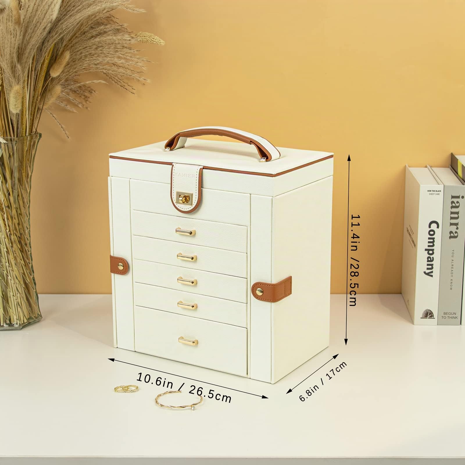 KAMIER Joyero para mujer, organizador de joyas grande de 6 niveles con espejo y 5 cajones para anillos, aretes, collares, pulseras, Regalo para mujer Caja de joyería, blanco, Regalo Caja de joyería