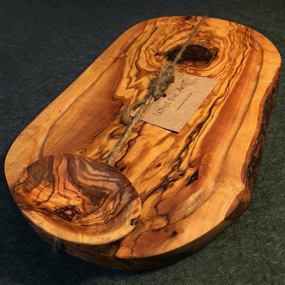 What The Art! Olivenholz-Schneidebrett »Half Rustic« Gr. M – Mit Dip-Schälchen | Handgefertigt Aus Altem Olivenbaum | Nachhaltiges Käsebrett & Servierbrett