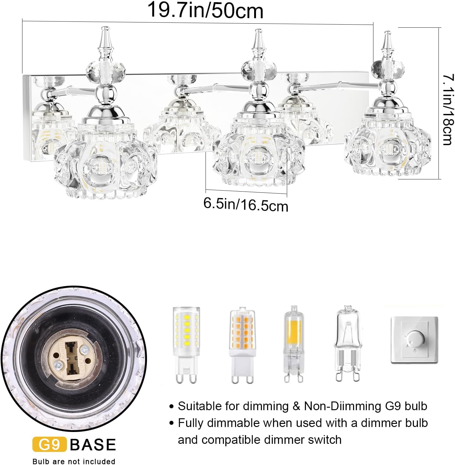 Tipace Modern Bathroom Light Fixtures,Chrome Bathroom Vanity Light,Stainless Steel with Crystal Glass Shade,Wall Sconces Lighting for Bedroom,Living Room,Hallway (Chrome,3-Light)