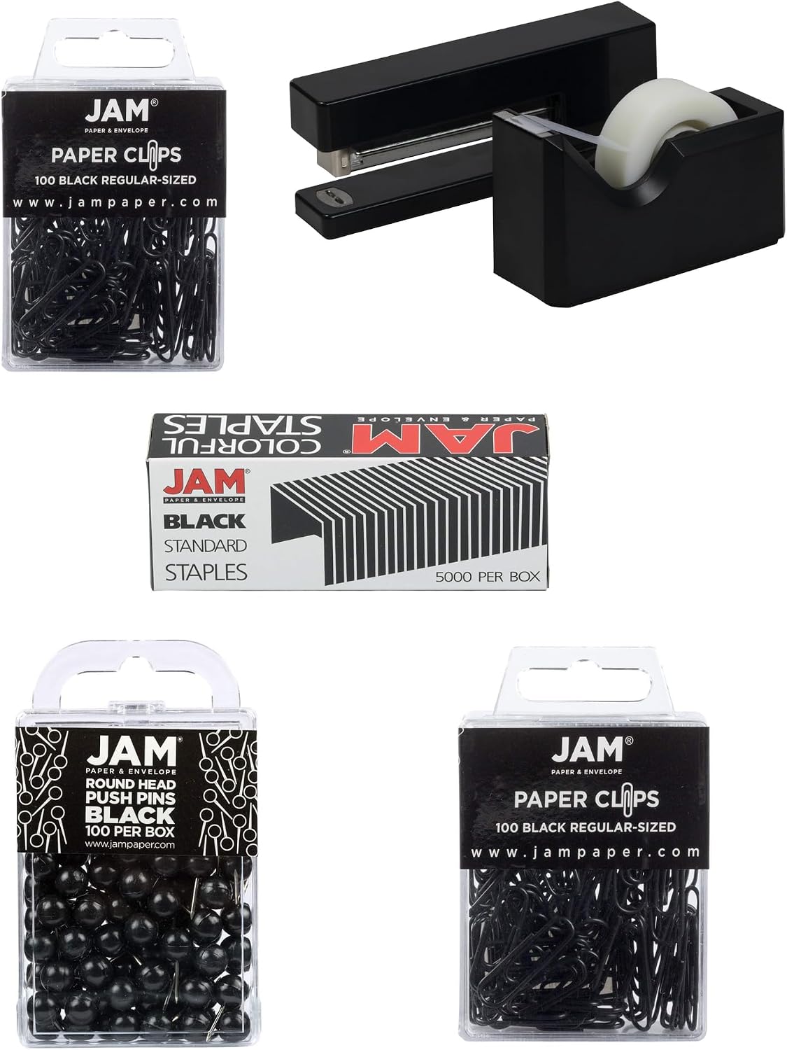 JAM PAPER Office Supply Black Set with Rubberband, Thumb Tacks, Paper Clips and Box of Staples