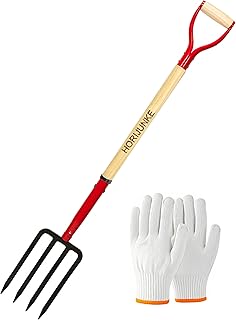 HORIJUNKE Heavy Duty Garden Fork for Digging, 4 Tines Pitch Fork for Gardening Compost, Garden Pitch Fork with Wooden Hand