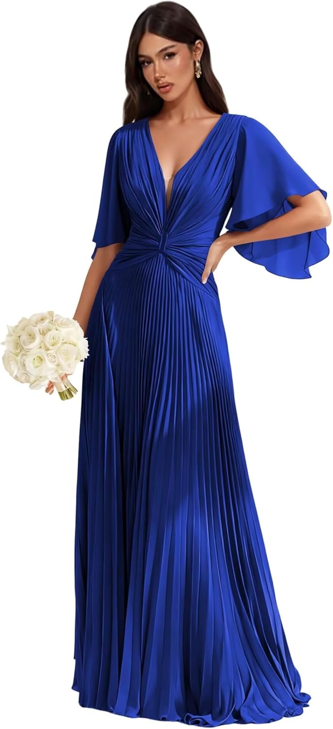 Chiffon Formal Dresses for Bridesmaid Flutter Sleeves Pleated V-Neck Ruffles Long A-Line Wedding Guest Dress L04003