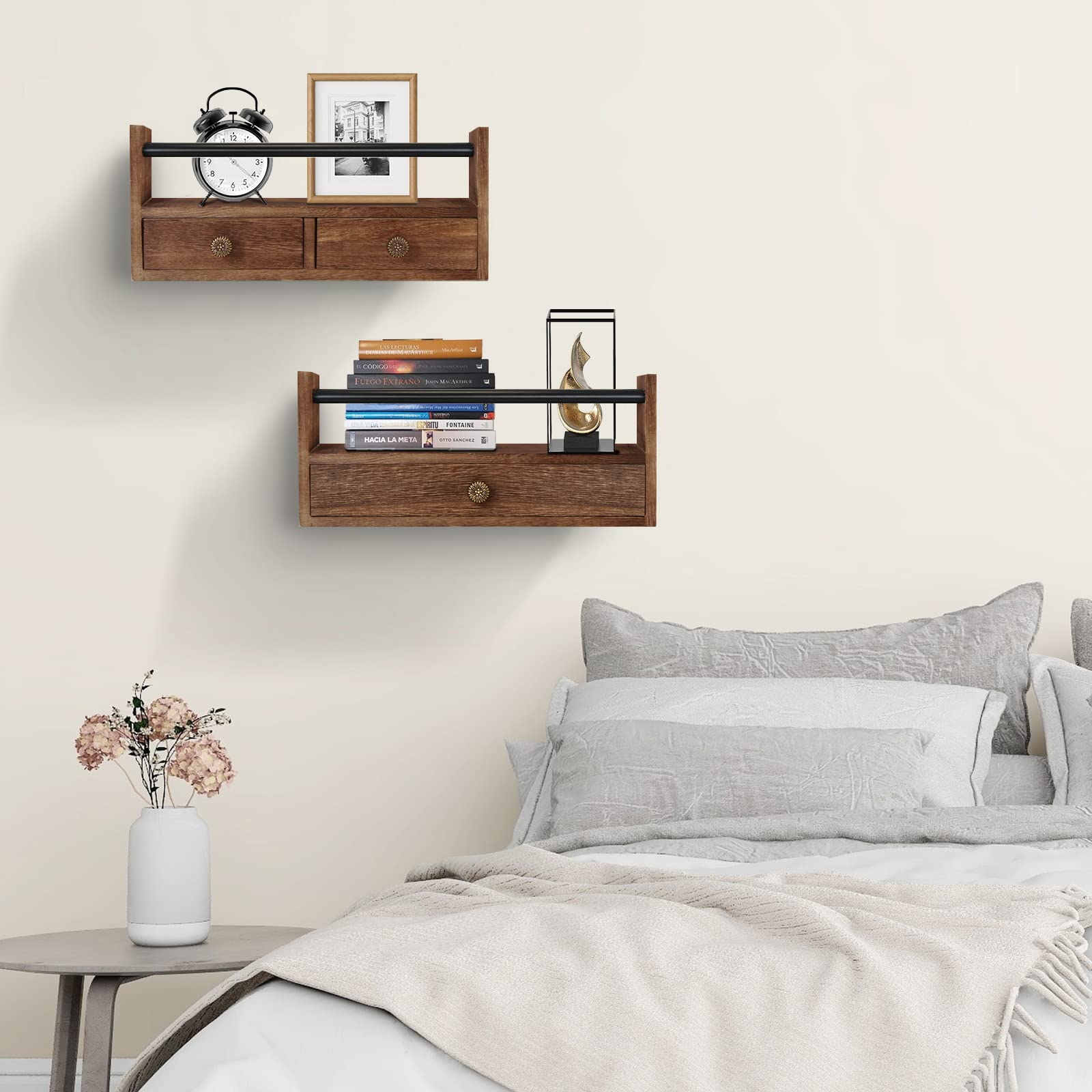 Y&ME YM Bathroom Shelf with Drawers Set of 2, Floating Nightstands for Bedroom, Wall Shelf with Towel Rack Wall Mounted, Floating Drawer for Bathroom, Bedroom, Living Room, Kitchen (Brown)