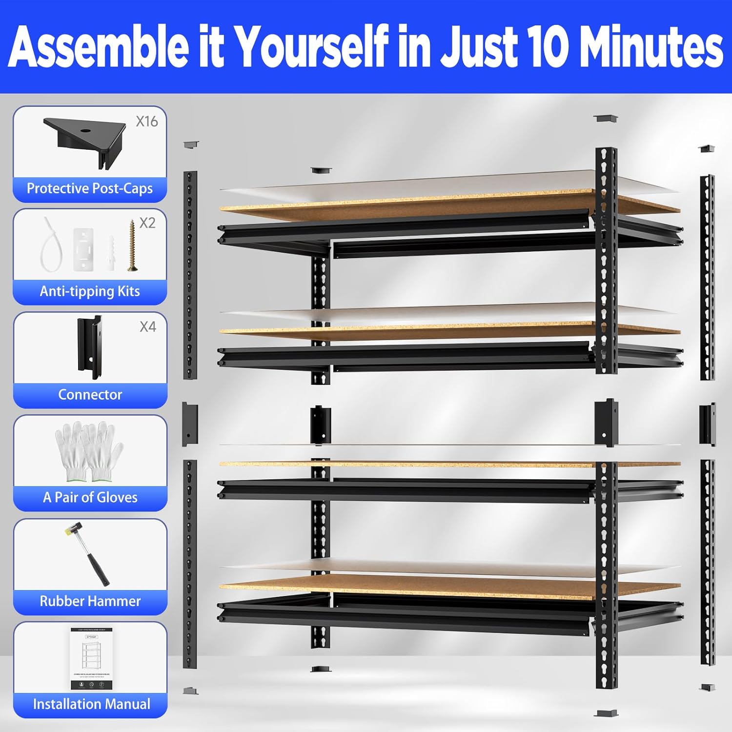 4-Tier Heavy-Duty Garage Shelving 40”W X 19.7”D X 59”H 2000LBS Capacity Industrial-Grade Shelving Adjustable Metal Shelves Includes Matte Polypropylene Spacers (Black) 2 Pack