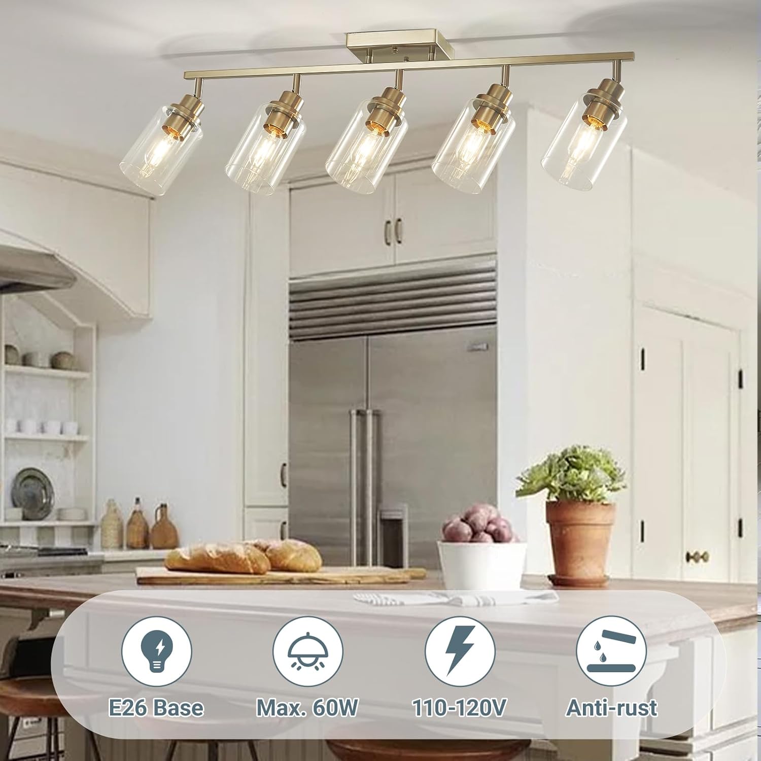 LOUSACE 5-Light Brushed Nickel Track Lighting Kit with Clear Glass, Modern Track Light Fixtures Flush Ceiling Mounted, Tracking Vanity Lighting Rotatable Spotlight for Kitchen Bathroom Accent Shop