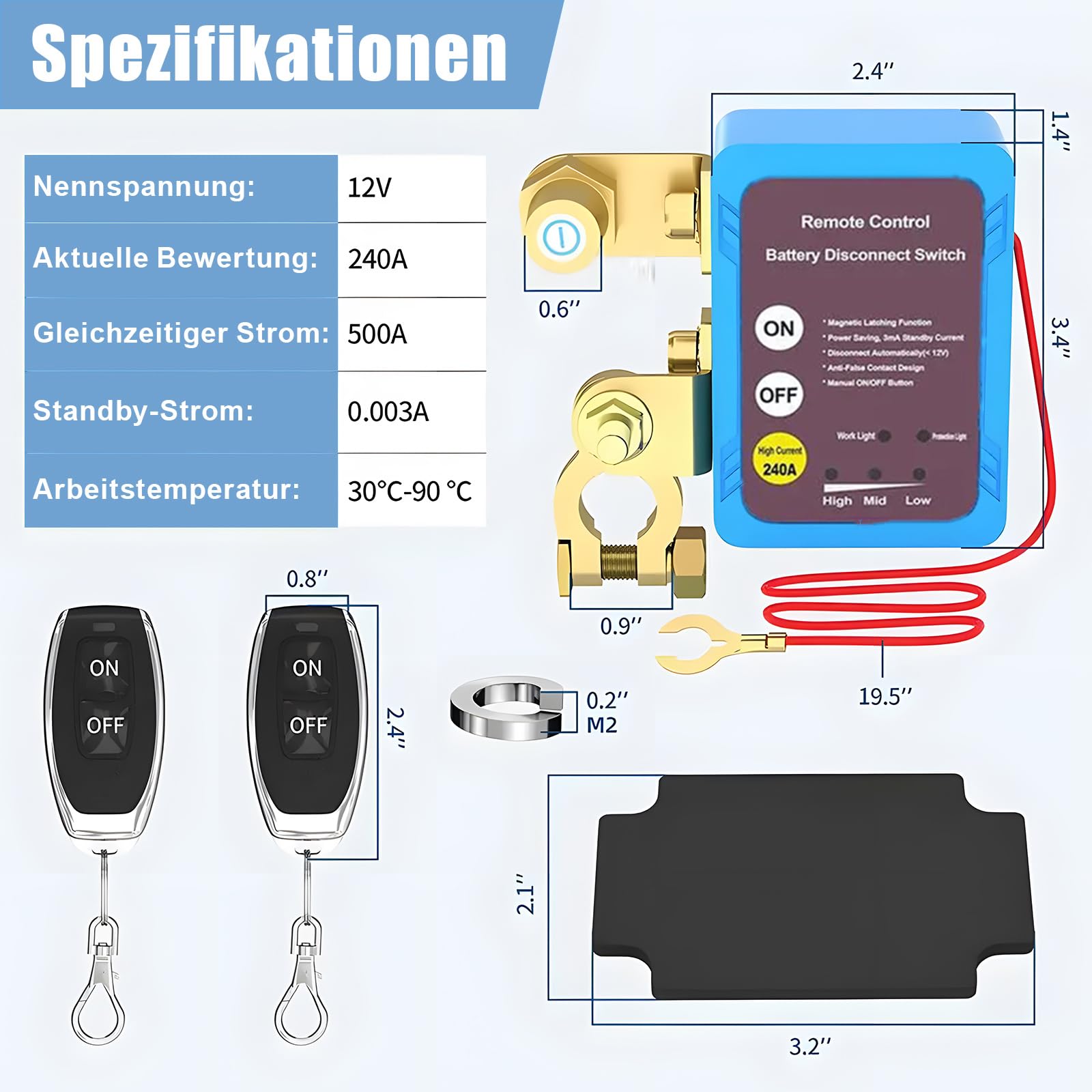 Drahtlose Fernbedienung Auto Isolator Schalter,12V/24V Batterie Trennschalter 240A,Kill Switch Anti-Diebstahl Automatische Abschaltung Batterietrennschalter (Standard)