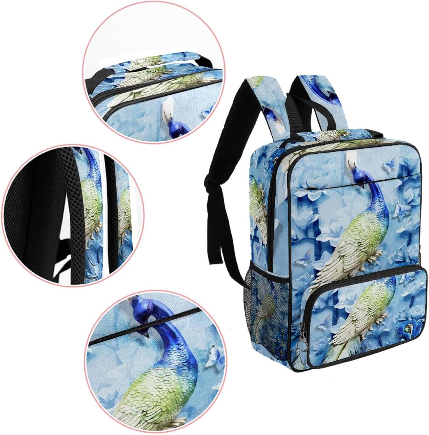 [suojapuku] 女性用の小さなバックパック、ミニ バックパック トラベル バッグ、水彩花孔雀、女の子のためのブックバッグキャ