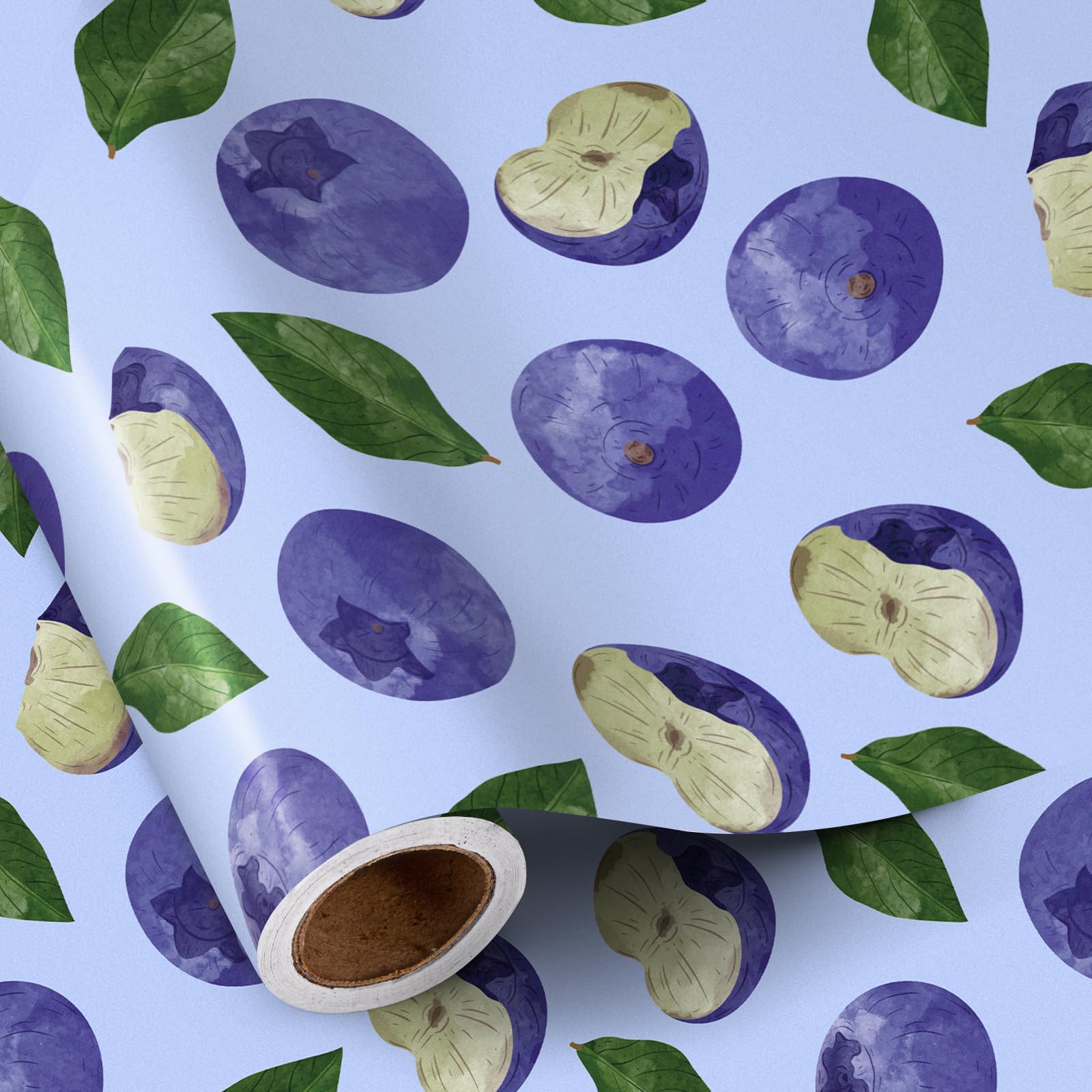RUSPEPA Blueberry Wrapping Paper Roll, Mini Roll, Cute Watercolor Blueberry and Green Leaf Design Gift Wrap Paper, Perfect for Birthday, Summer Party,