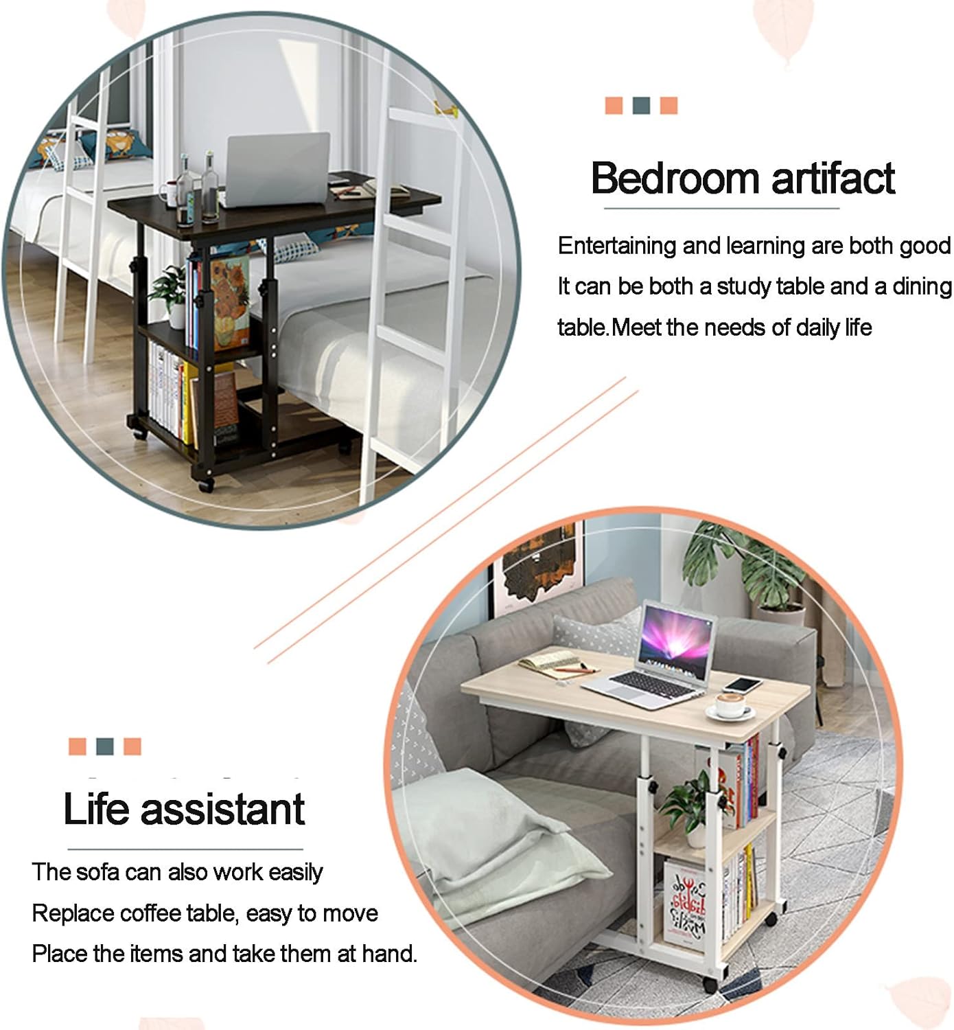 Side Table/End Table,Movable Lifting Bedwith 2-Tier Storage Shelf Simple Industrial Modern Center Table,White
