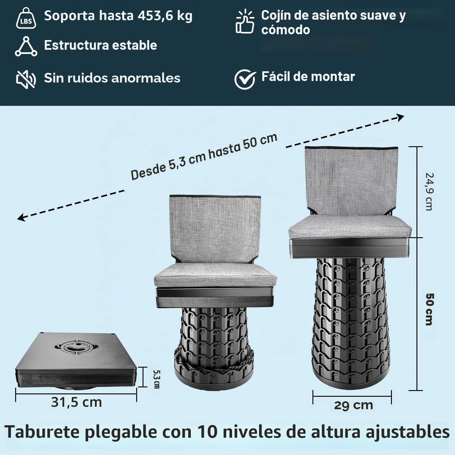 Taburete telescópico Mejorado con Respaldo y cojín Extra Grueso,Silla Plegable portátil Cuadrada para Exteriores,Taburete Plegable de 50 cm para Adultos Camping Pesca Senderismo Viajes BBQ