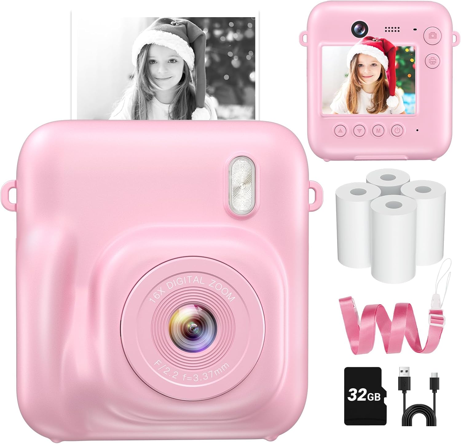 Zostuic Kids Instant Print Camera Dual-Lens 1080P HD Zero Ink for Boys Girls Age 4-12 Pink, 32GB Card & Paper Included