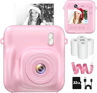 Instant Camera, Dual-Lens Kids Camera Instant Print for Boys Girls Christmas Birthday Gifts, 1080P Digital Cameras for Kids Teens with Print Paper, 32GB Card, Toddle Toy for Age 4-12 YearsPink