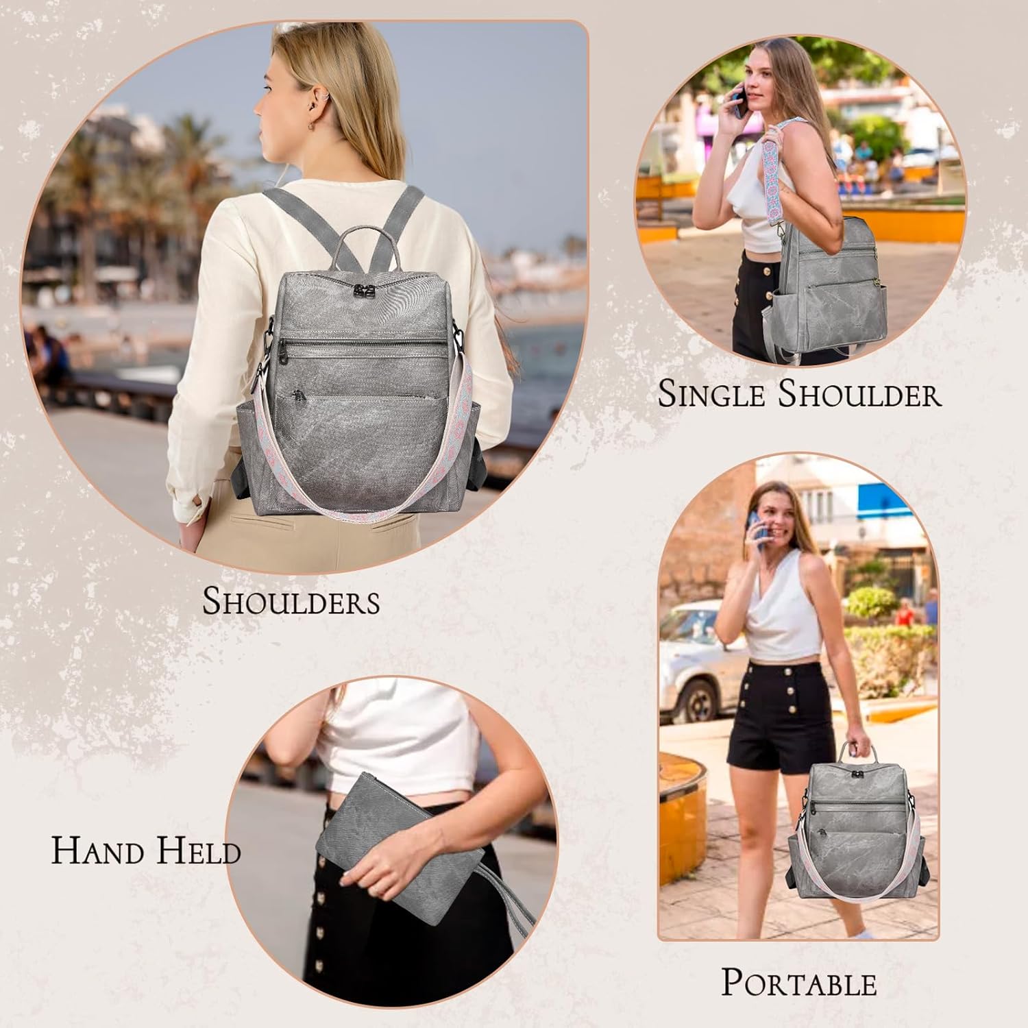 Backpack Purse for Women, Waterproof PU Leather Back pack, Anti-Theft Women Backpack, Lightweight Fashion Multipurpose Purse Shoulder Bag Handbag, Grey - Image 5