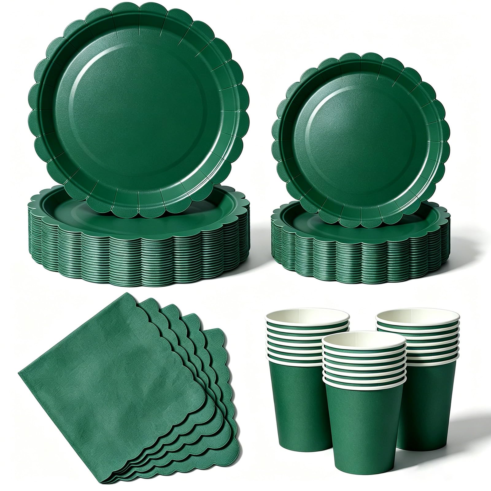 Nkaiso 50 Pcs Dark Green Scalloped Paper Plates and Napkins Set for 10
