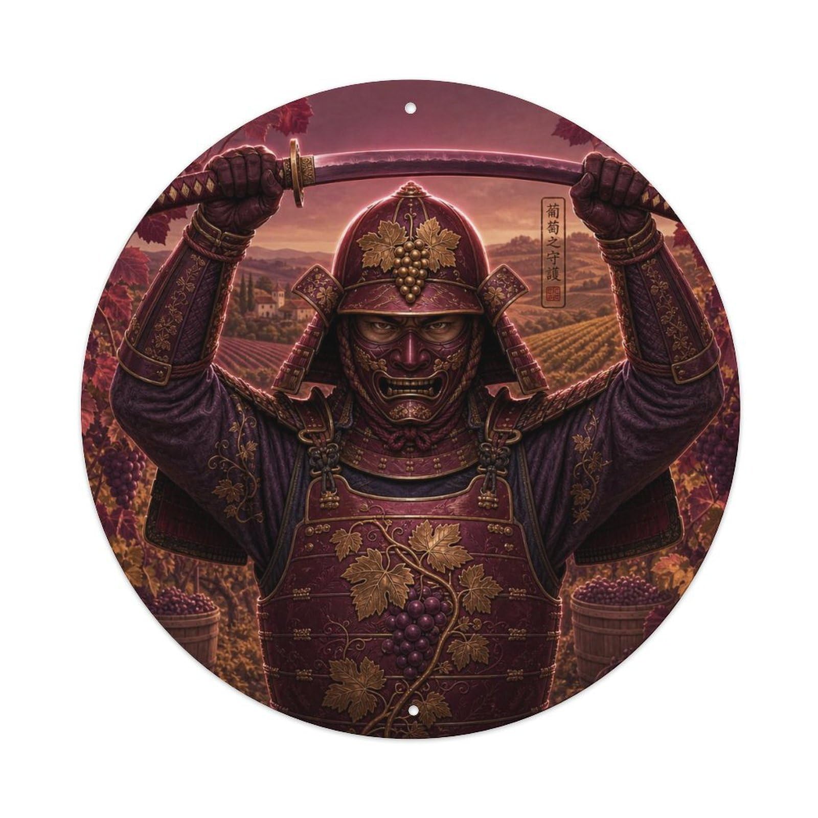 Samurai Warrior Burgundy Wine Overhead Guard Hold Vintage Metal Tin Sign Plaque Wall Decor for Cafe, Club Bar, Office, Garden Metal Poster 8x8Inch