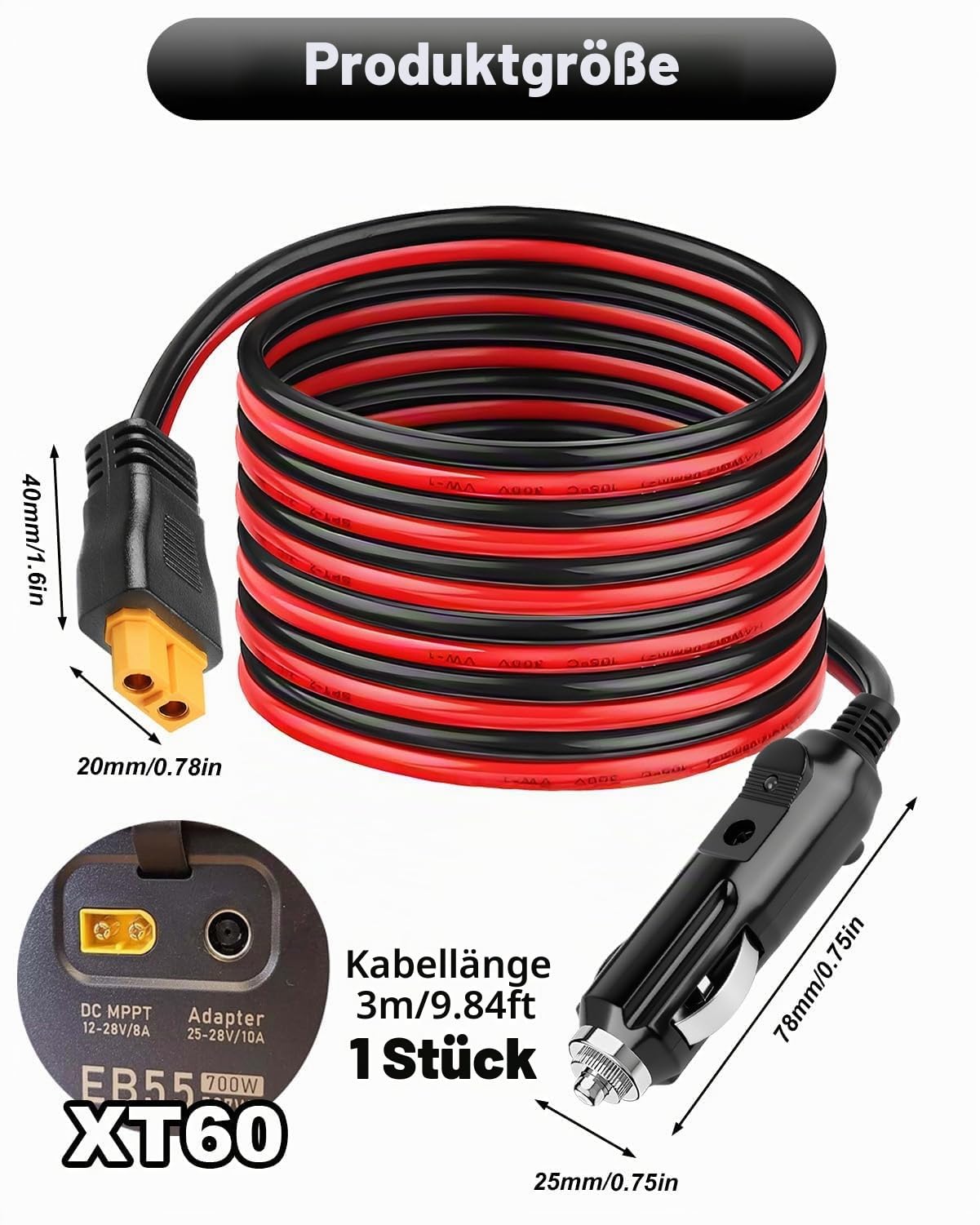 12V/24V DC Adapter XT60 für ECOFLOW, 3M Autoladegerät auf XT60 für DELTA Delta 3 2 Max Bluetti EB55 Anker 757 767 SOLIX C200 C300 C1000 Powerstation Solargenerator XT60 Stecker 16AWG Autoladekabel