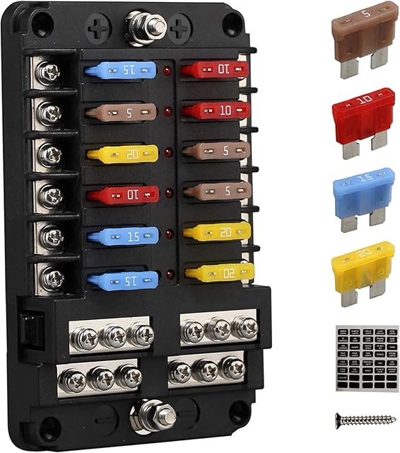 Blade ATC/ATO fuse blocks, ENDARK car fuse holder, 12 way fuse box with Negative Bus LED indicator for Car, Boat, Van, SUV