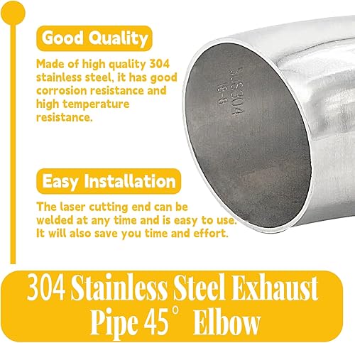 Miniatura 3 de BokWin Codo de escape de 45 grados OD de 2 pulgadas de acero inoxidable para barandilla de escalera de coche, 2 unidades