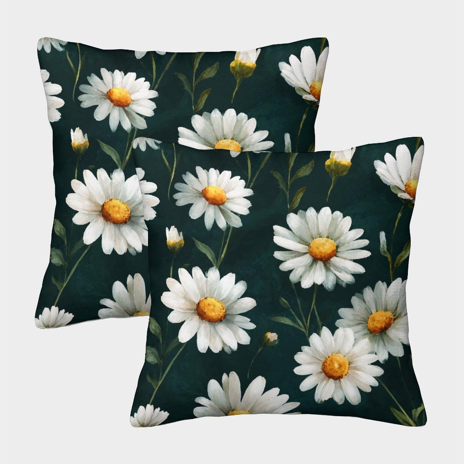 kaiyun 2 Pack White Daisies, Dark Green Background Pillow Case 50x50cm Throw Pillow Case,Modern Decoration Pattern for Terrace Sofa Bedroom Indoor Outdoor Party