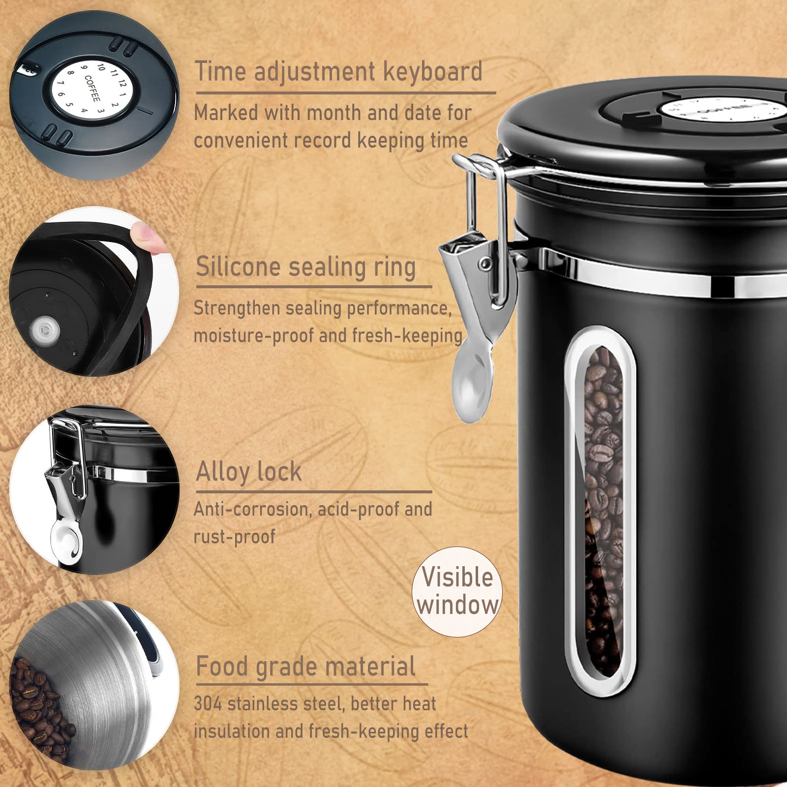 Purpledi Bote para Café, Bote de Café de Acero Inoxidable, 1.8L Tarro de Café Hermético para Cafe Grano o Cafe Molido etc-Negro (A)