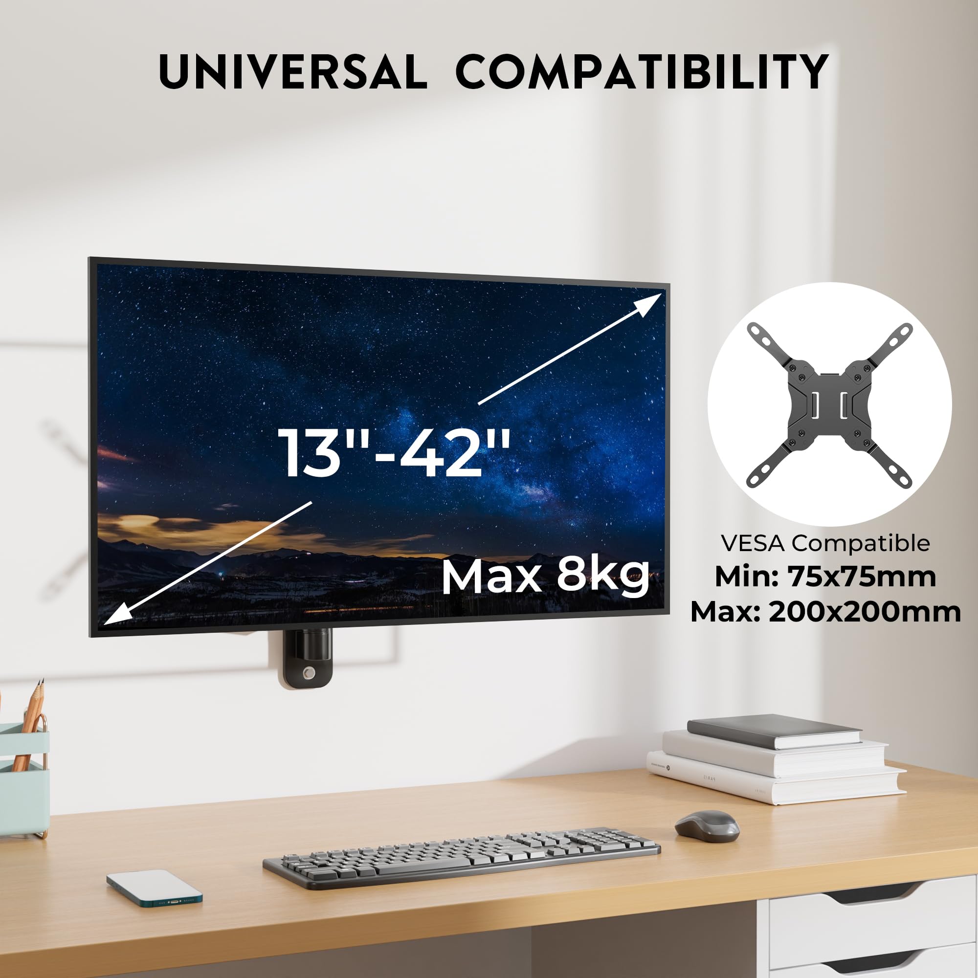 BONTEC Support Ecran PC Mural a Ressort a Gaz, Bras Ecran PC 13 a 42 Pouces 9 kg, Bras Articule Ecran PC Reglable Hauteur, Rotation 360 deg, Pivot 180 deg, Inclinaison 90 deg, VESA Jusqua 200x200