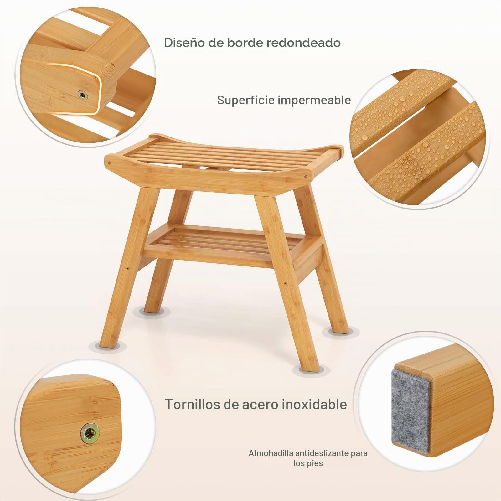 Homasis Set de Banco de Ducha de Bambú con Estante de Almacenamiento, Taburete de Ducha de Baño con Antideslizante para Pies, Capacidad de Carga 150 kg, para Adultos, Mujeres Mayores, Ancianos, Interi