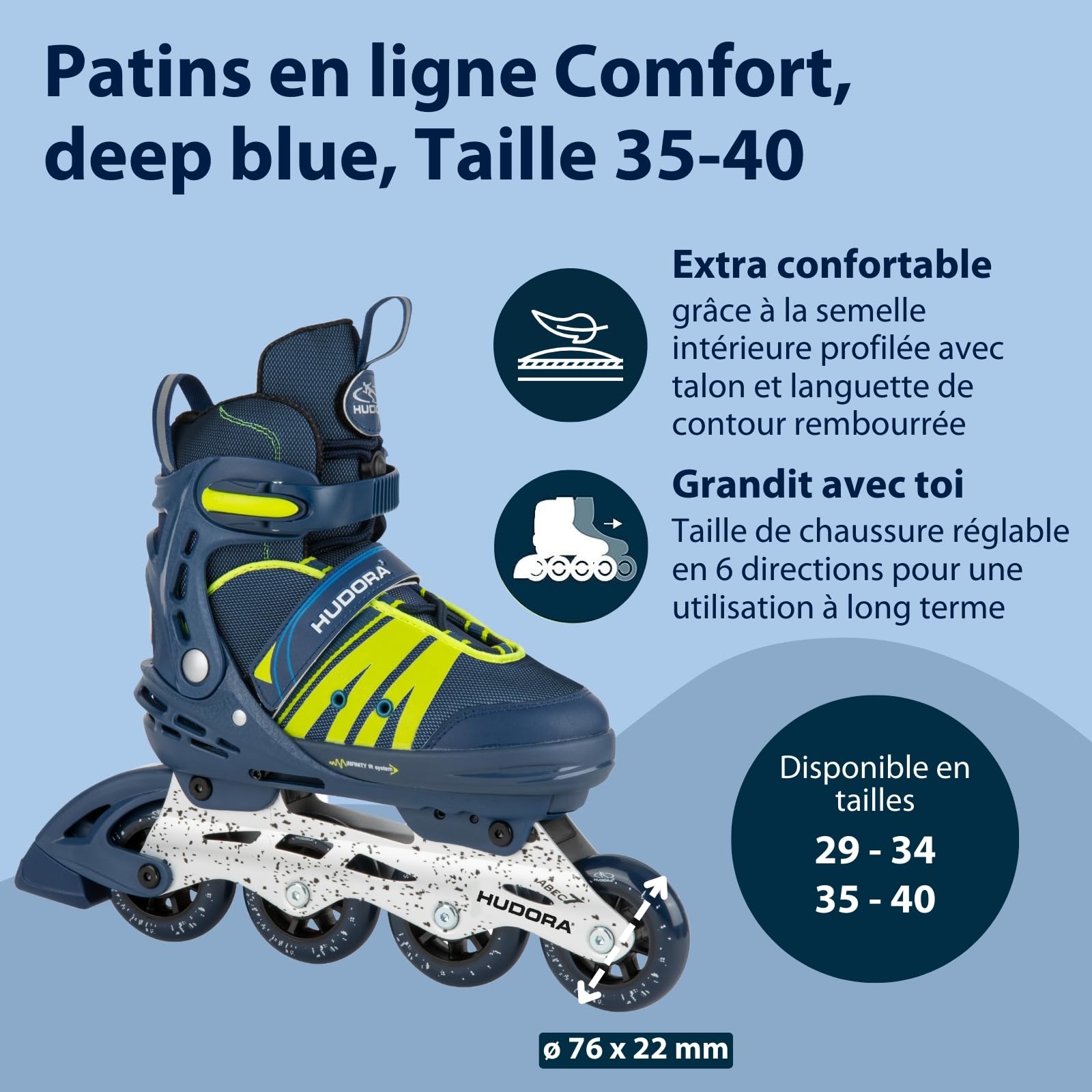 HUDORA Inline Skates Comfort - Inline Skates for Children and Teenagers in Various Sizes - Roller Skates up to 6 Sizes Adjustable in Width and Length - Breathable Leisure Inline Skates