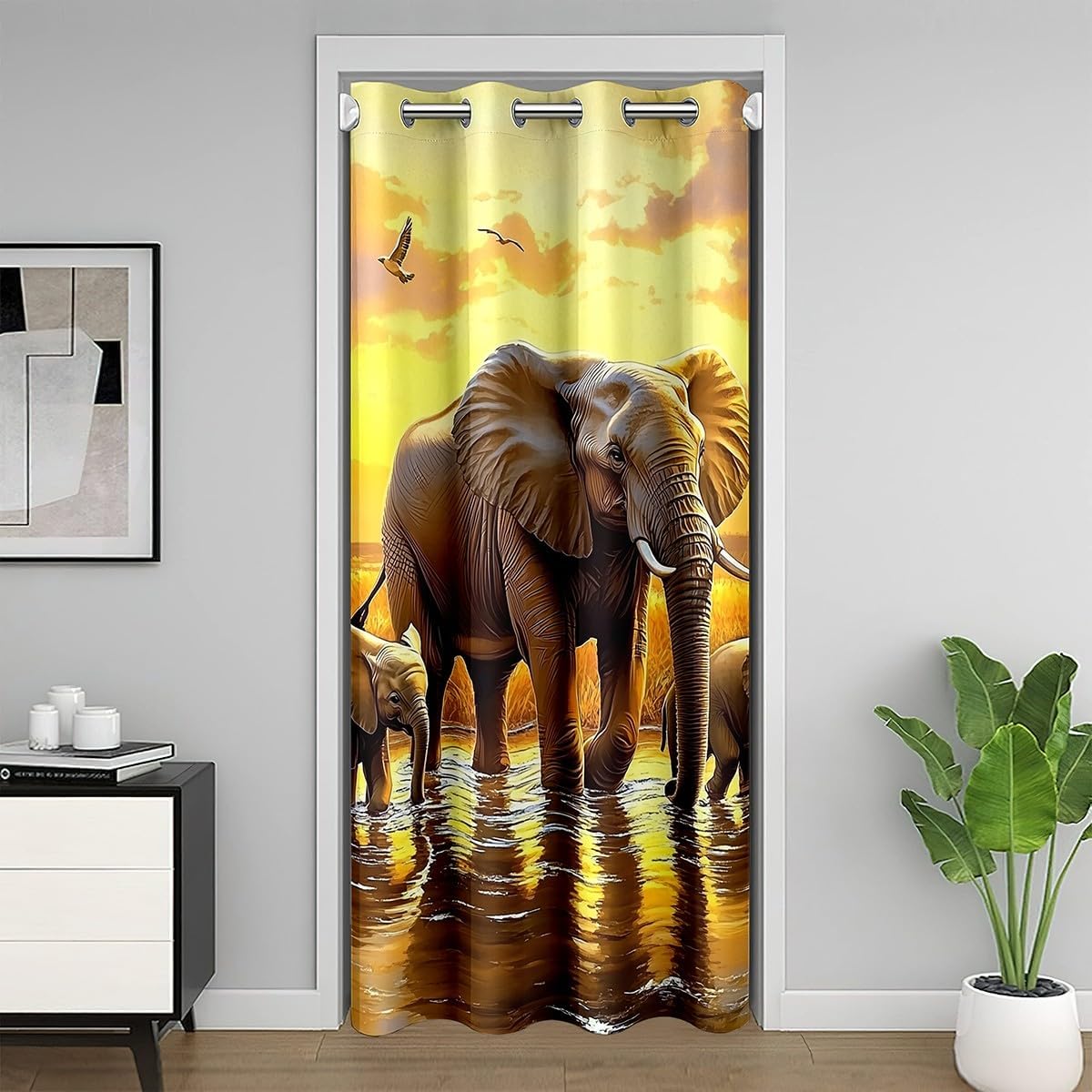 Africa Elephant Door Curtain for Boys Girls Natural Sunset Landscape Doorway Curtain 52" W x 80" L Tropical Elephants Family Blackout Curtain Wildlife Animal Curtain Tapestry for Hallway