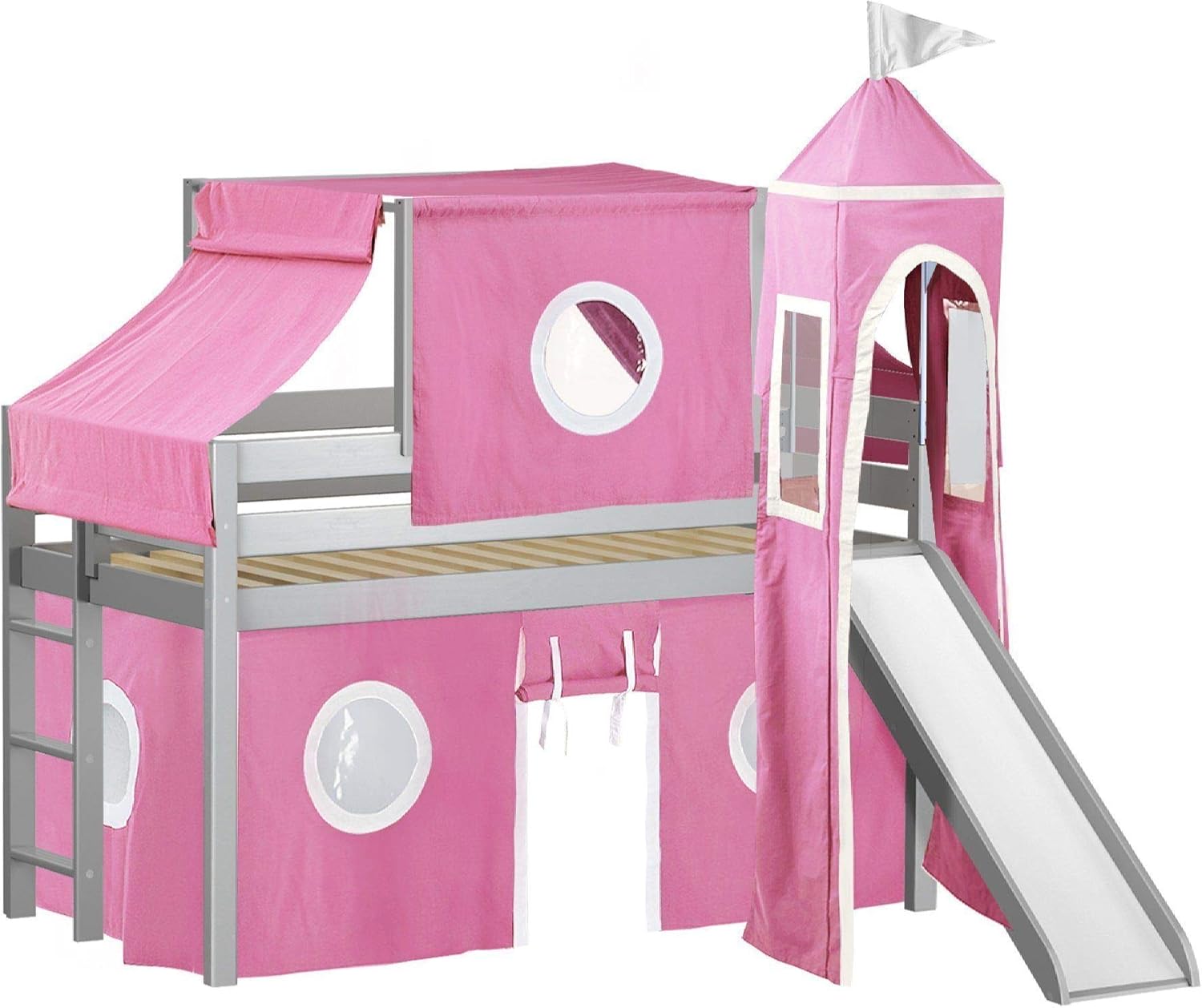 JACKPOT! Castle Low Loft Stairway Bed with Slide Pink & White Tent and Tower, Loft Bed, Twin, Gray