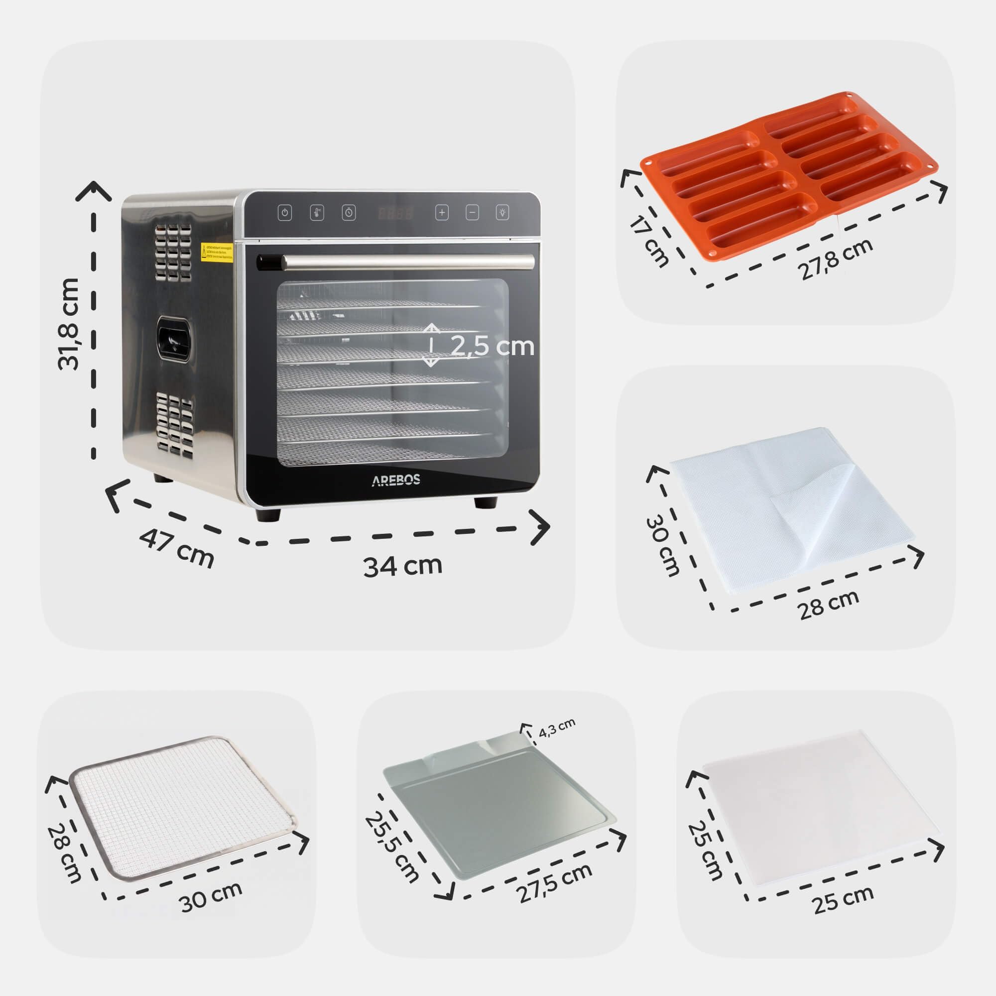 Arebos Deshidratador de Alimentos de Acero Inoxidable 700 W | 8 Bandejas de Acero Inoxidable | Capacidad 19 L | Pantalla Táctil, Luz LED, Temporizador 24 h, 35-85 °C | Fruta, Carne, Hierbas