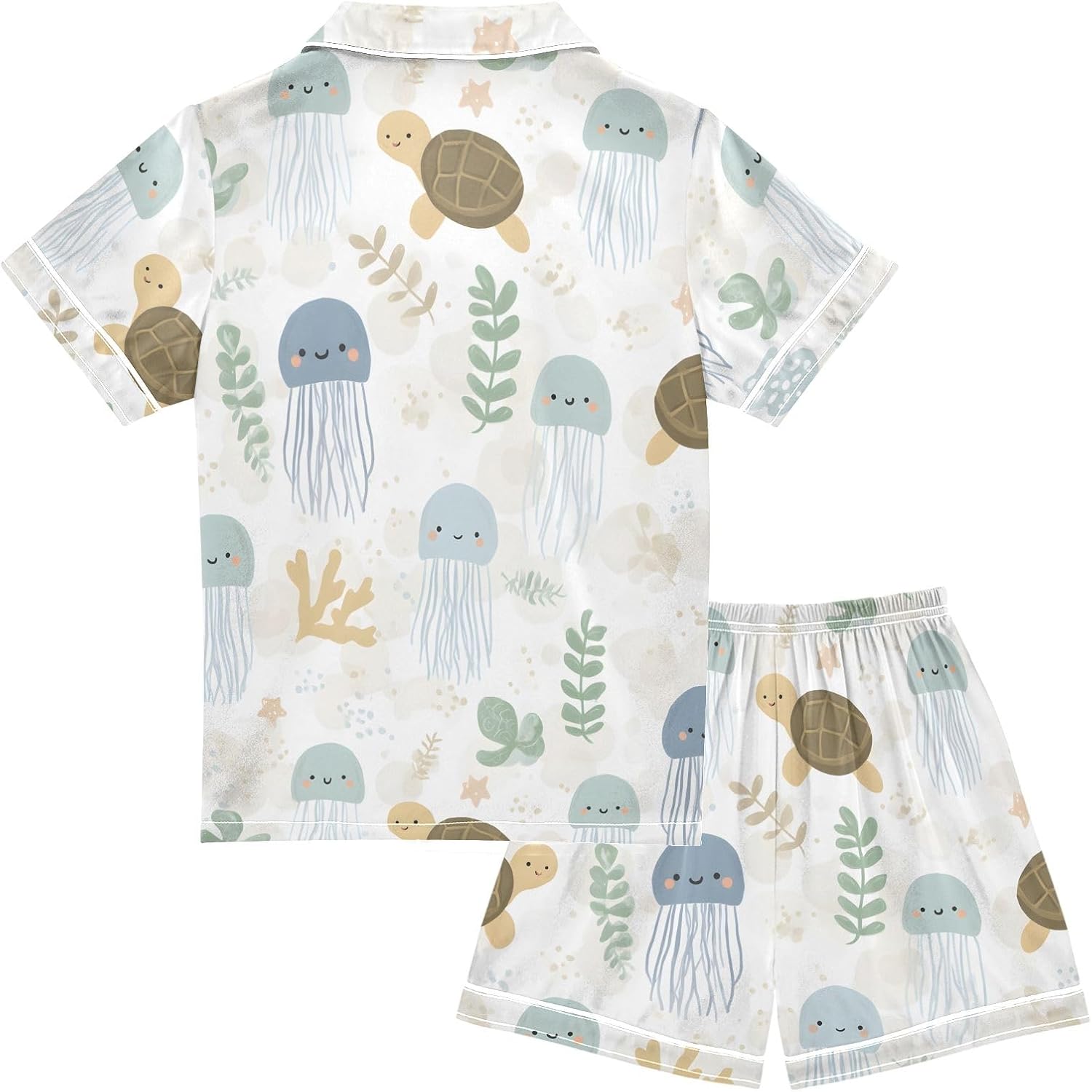 Kids Casual Satin Wear Set Cute Jellyfish Turtle Plant Pattern Unisex Short Sleeve Clothing for Relaxing