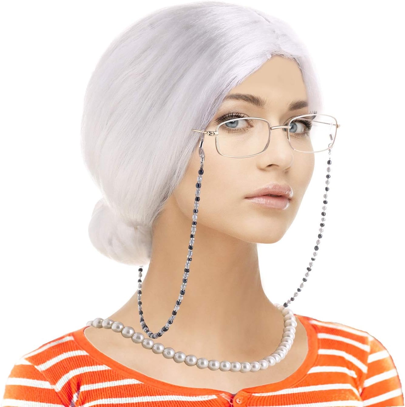 Feacole Old Lady Costume Set-Grandmother Wig,Wig Caps, Madea Granny Glasses, Eyeglass Retainer Chain,Pearl Necklace(5 Pieces) Bun White