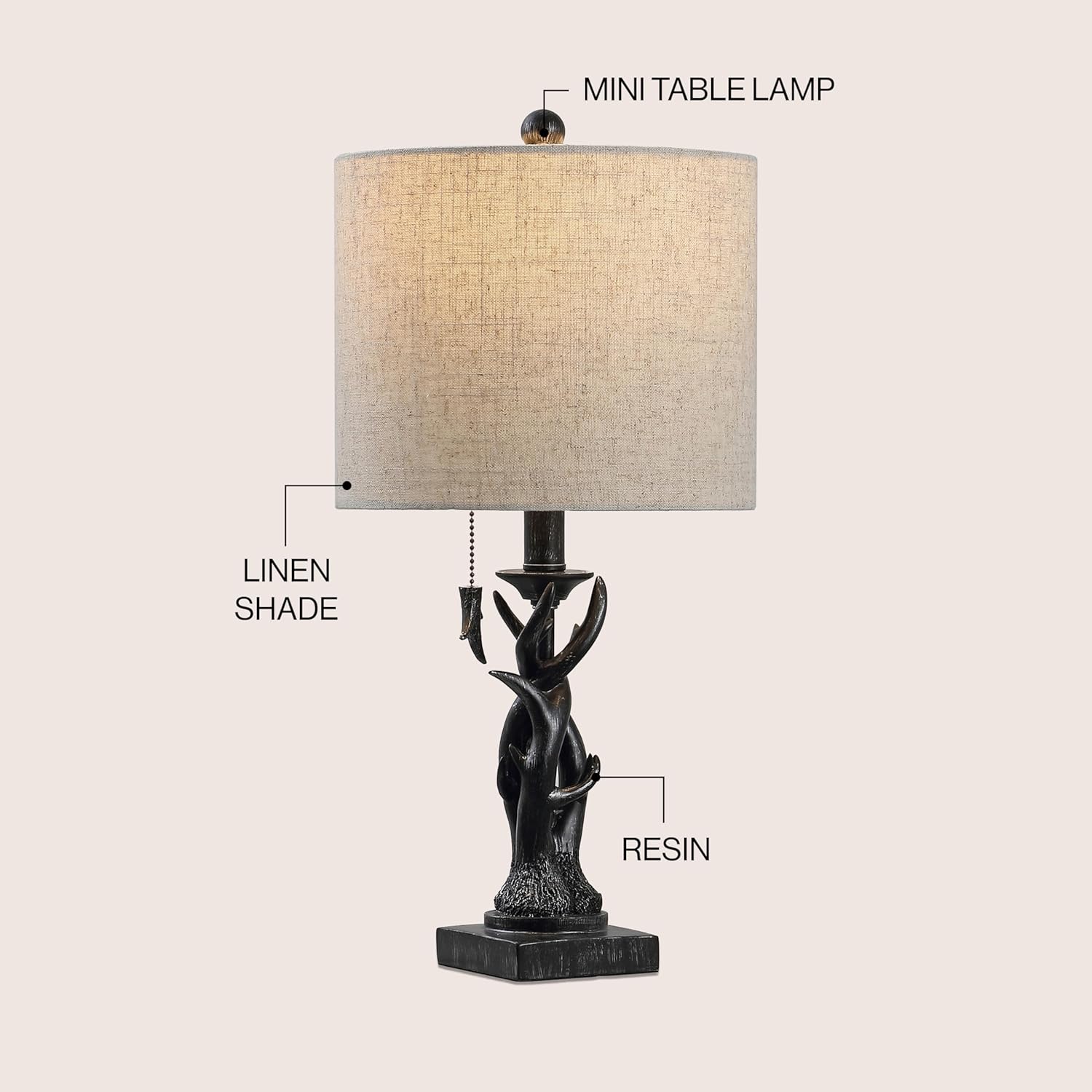 JONATHAN Y 20.5" Antique Black Rustic Antler Table Lamp for Bedroom Farmhouse Decor, Mini Faux Antler Desk Lamp with Gray Linen Shade, Lodge Cabin Nightstand Lamp, LED Bulb (JYL1031B)