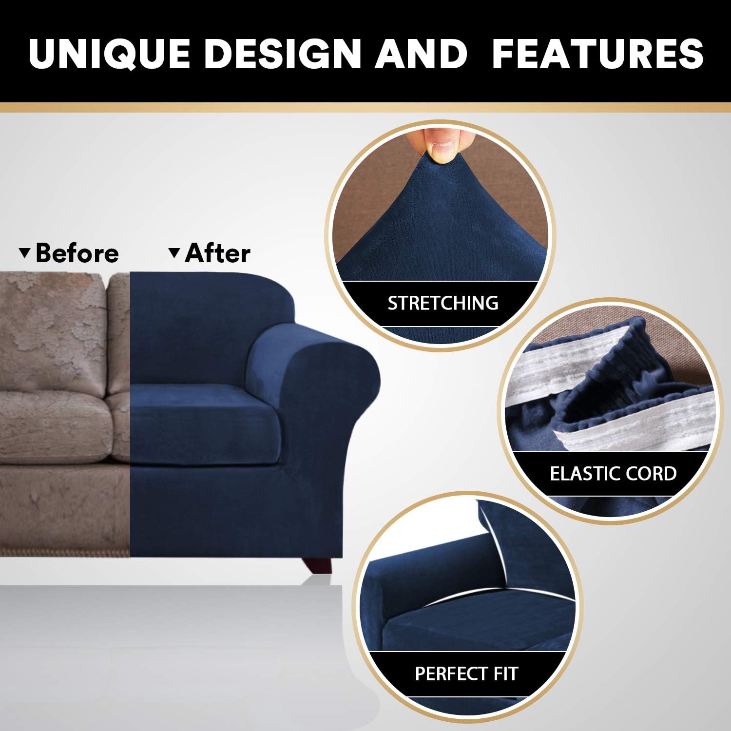 3 Pieces Sofa Covers Stretch Velvet Couch Covers for 2 Cushion Sofa Slipcovers Soft Sofa Slip Covers with 2 Non Slip Straps Furniture Covers with 2 Individual Seat Cushion Covers (Medium, Navy) : Home & Kitchen