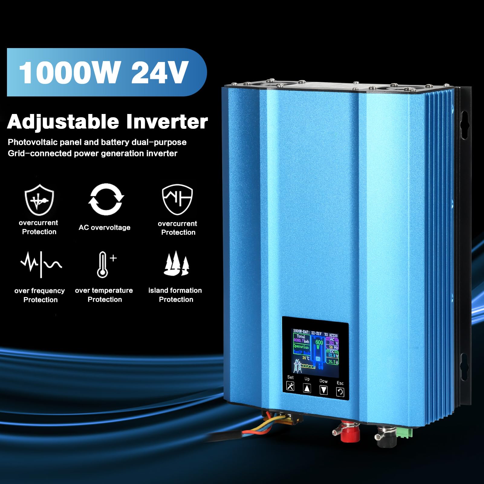 DEWIN Solare Inverter 1000W, Micro Inverter Fotovoltaico Inverter Grid Tie MPPT Micro Inverter 1000W Solar Grid Inverter di Rete per Pannelli Solari,Scarico della Batteria a 24V Regolabile AC 220V