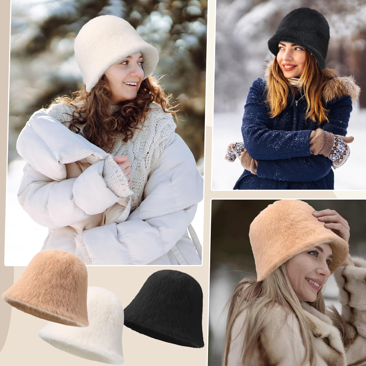 3 Pcs Faux Fur Bucket Hat Women's Fuzzy Bucket Hat 55-58 cm Adjustable Furry Warm Fisherman Cap for Women Men Cold Weather Warm Hats White Black Khaki - Image 5