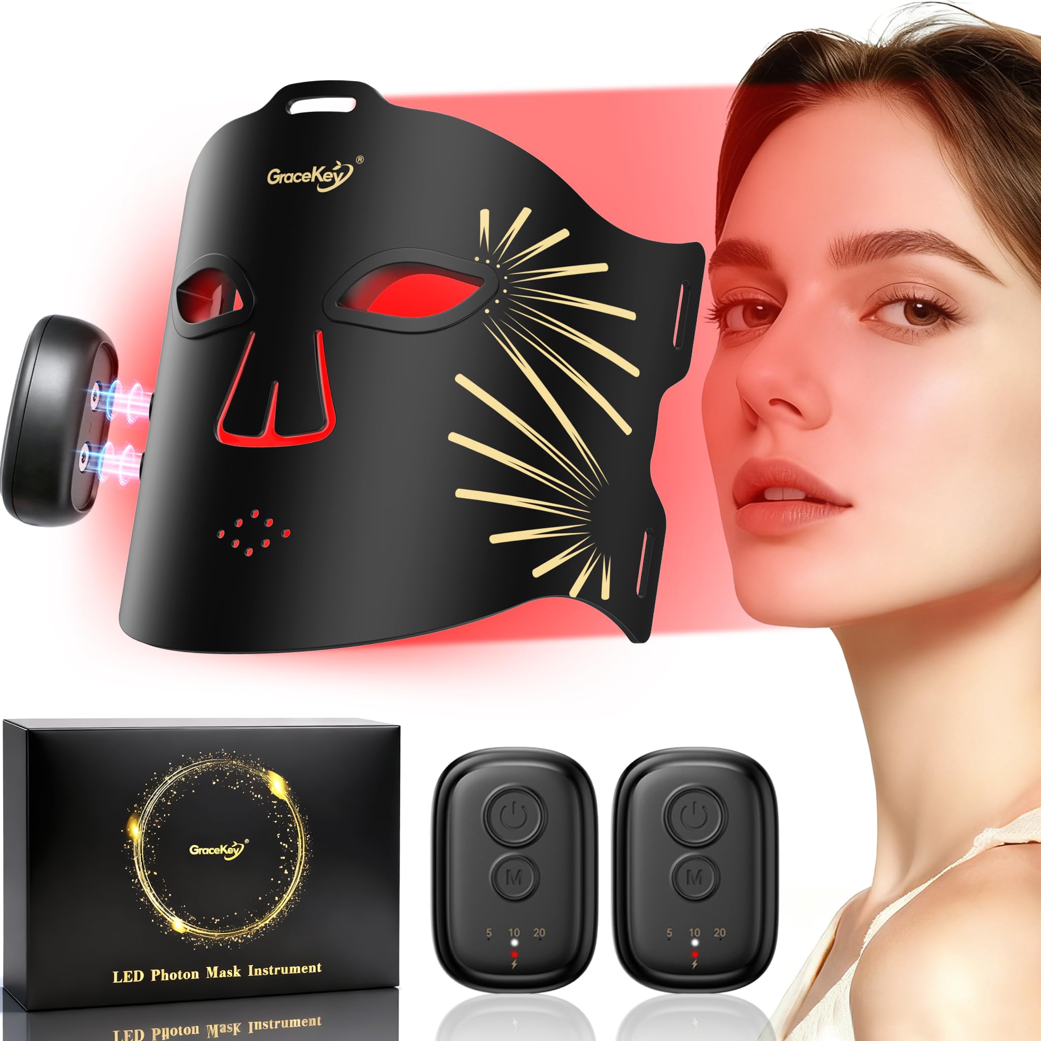Gracekey Red Light Therapy Mask for Face Wireless 4 Modes Dual 2000mAh Rechargeable Cordless LED Face Mask Light